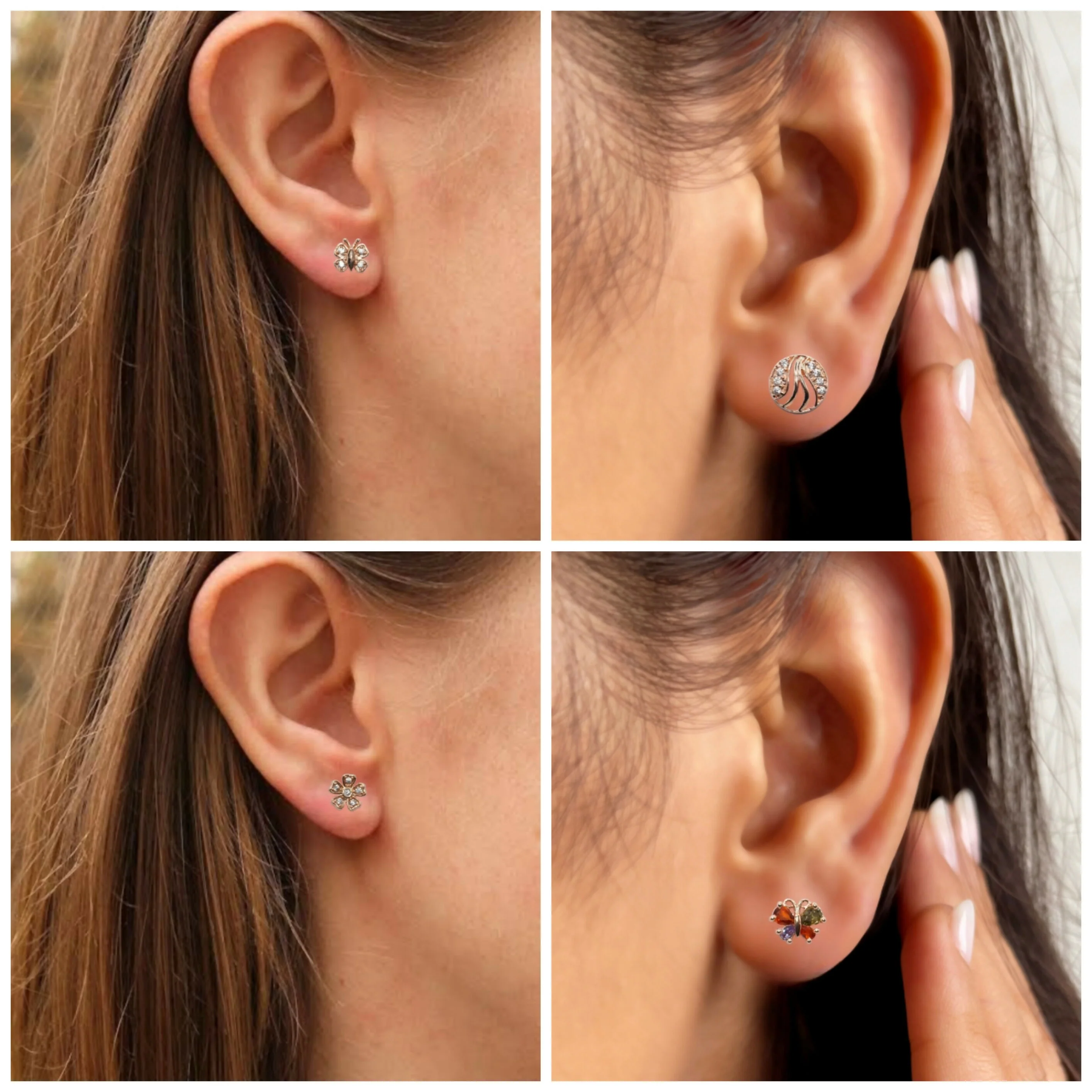 Sparkling Rose Gold Stud Earrings Set - Butterfly & Flower Designs for women and girls Combo Pack of 4 - Image 3