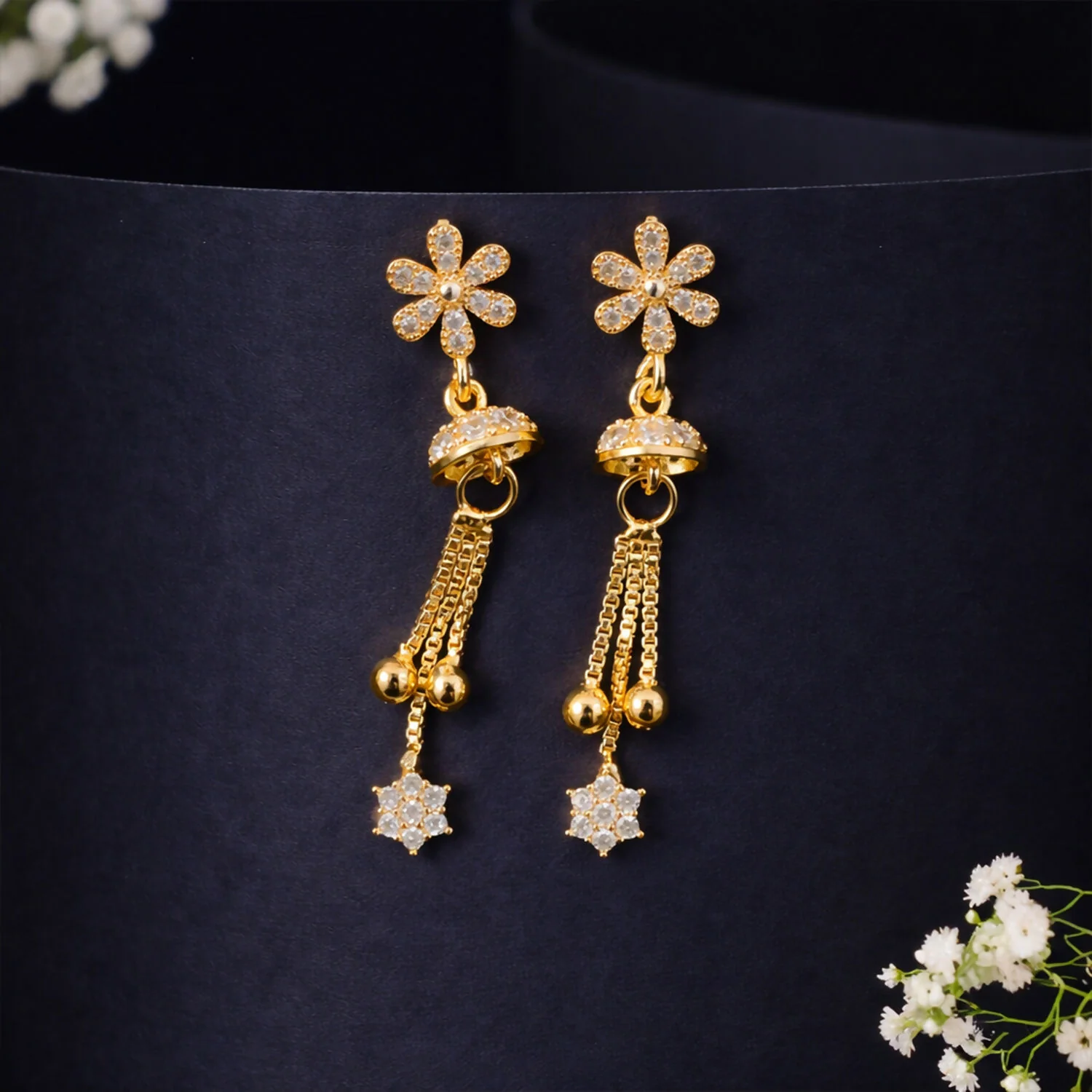 Sparkling Starburst Drop Earrings – Rose Gold Floral Dangles - Image 3