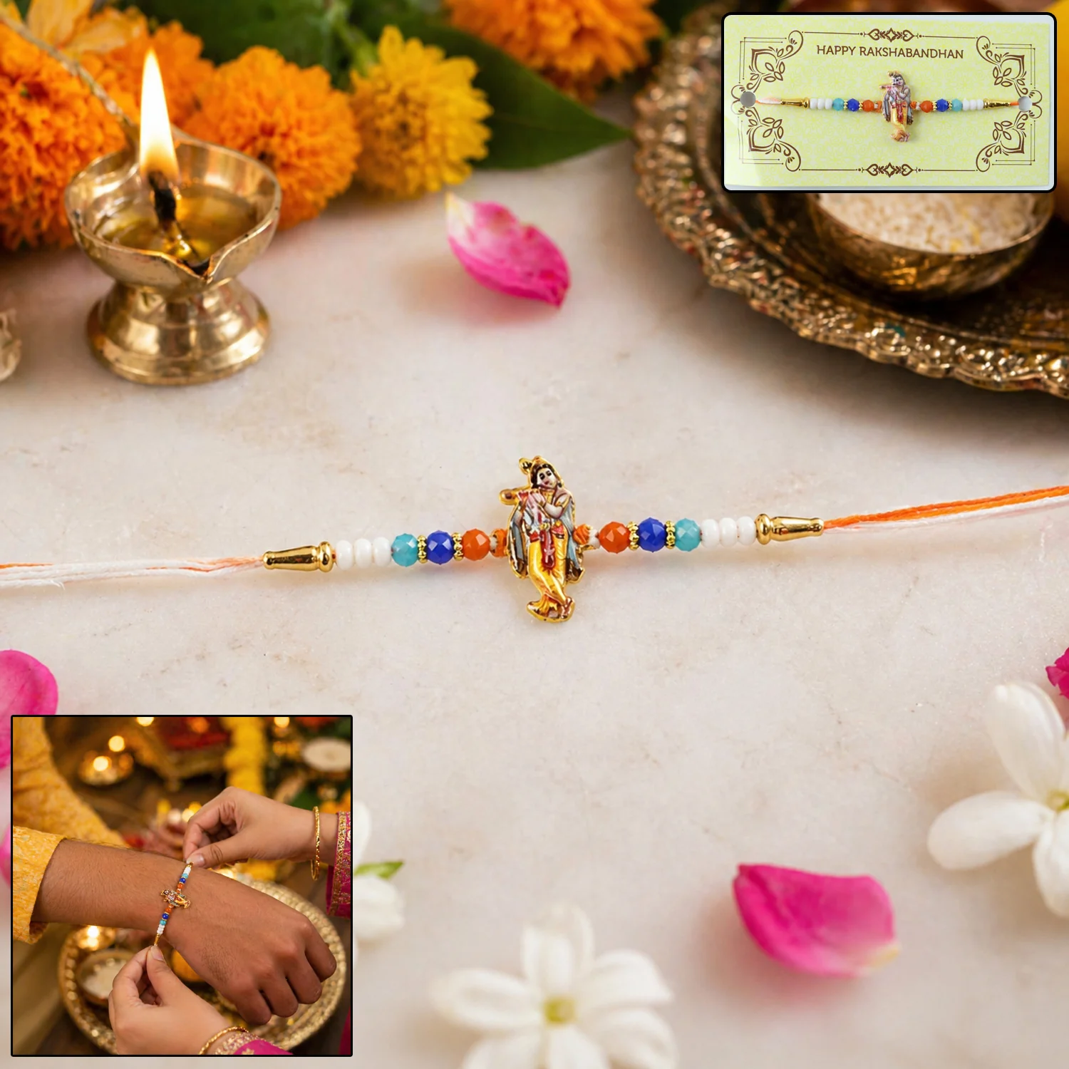 Spiritual Designer Rakhi with Lord Krishna Flute Playing Idol (1 Pc) - Image 2