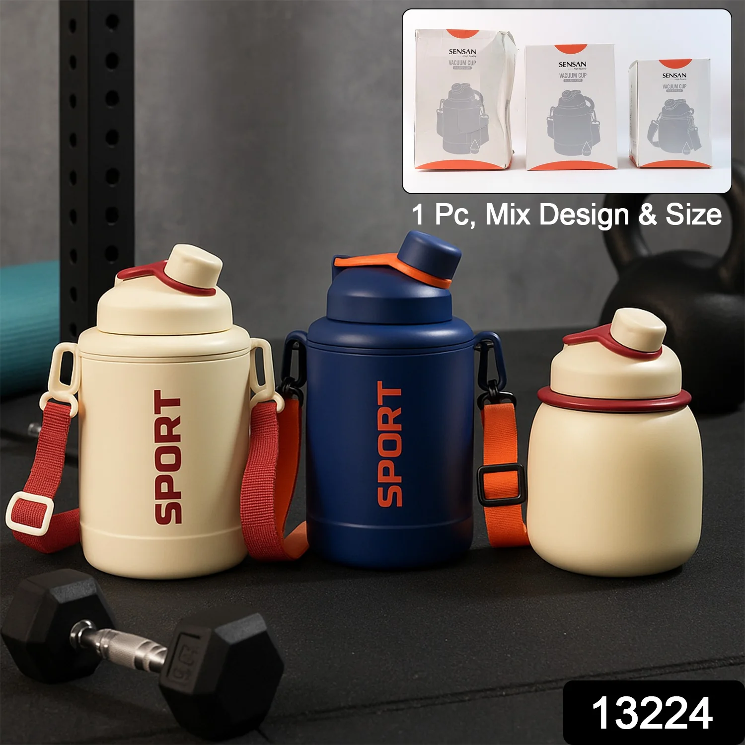 Sports Vacuum Bottle with Shoulder Strap 1 Pc Stylish Mix Design & Size - Image 2
