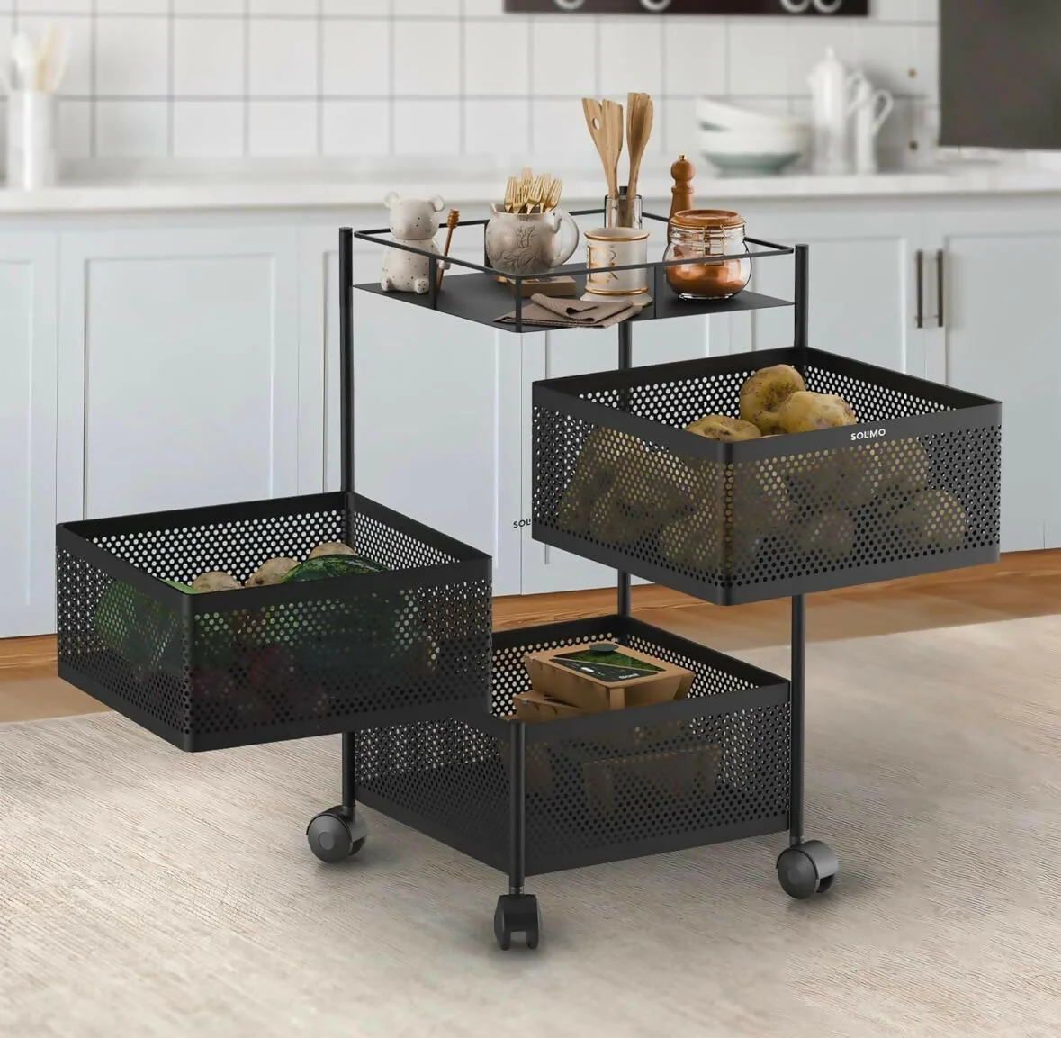 Square 3-Basket Stainless Steel Kitchen Trolley with Ventilated Baskets & 4 Wheels - Image 2