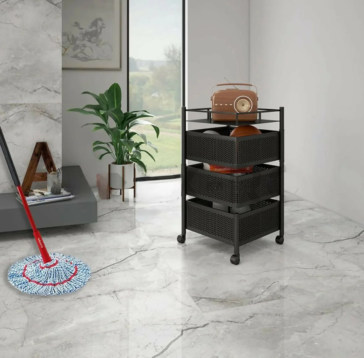 Square 3-Basket Stainless Steel Kitchen Trolley with Ventilated Baskets & 4 Wheels - Image 3