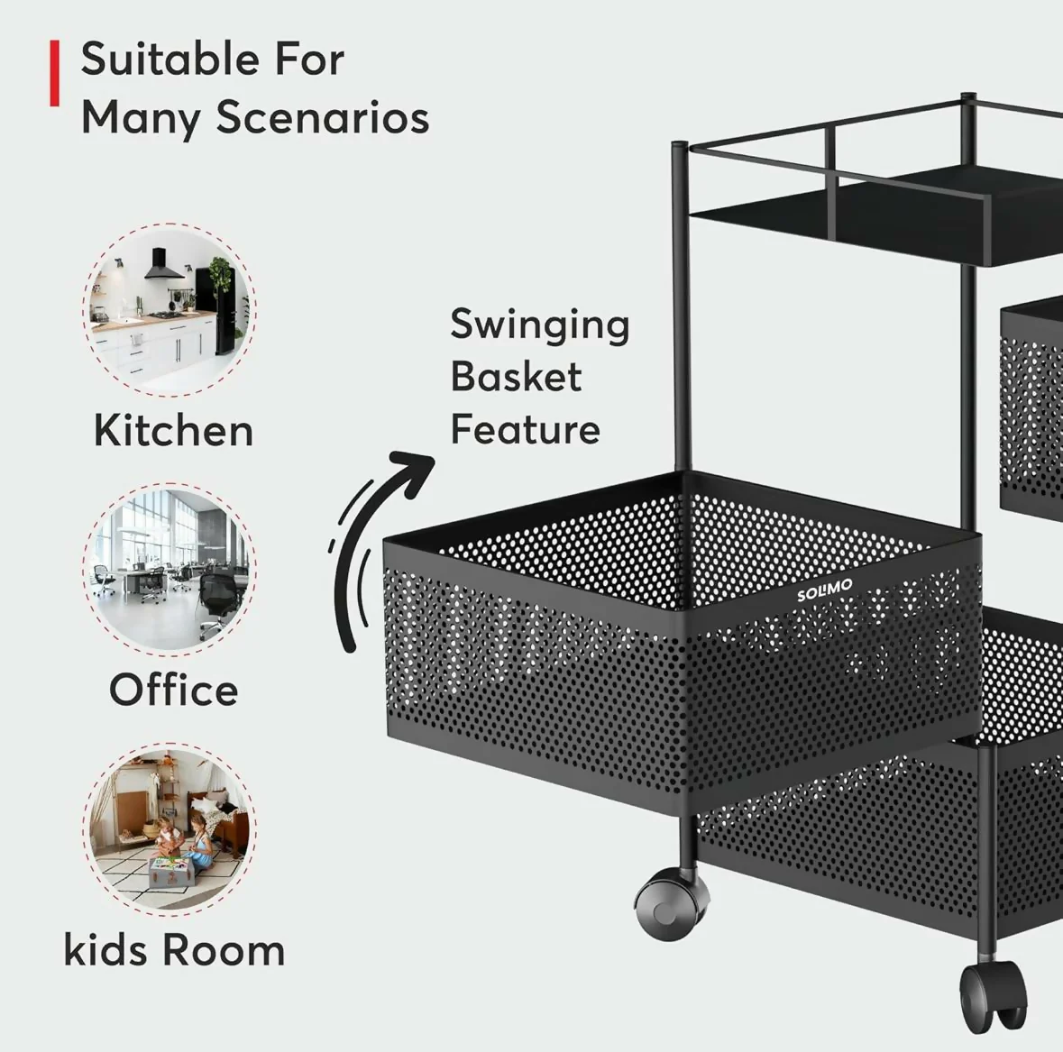 Square 3-Basket Stainless Steel Kitchen Trolley with Ventilated Baskets & 4 Wheels - Image 4