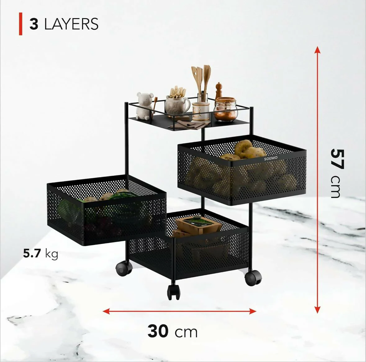 Square 3-Basket Stainless Steel Kitchen Trolley with Ventilated Baskets & 4 Wheels - Image 5