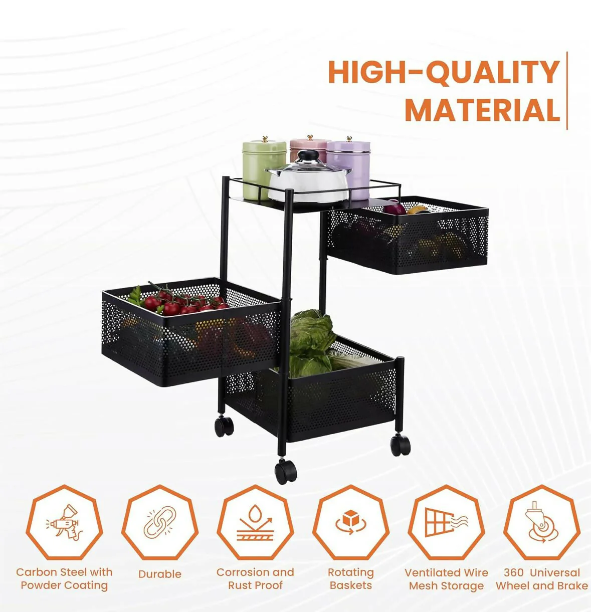 Square 3-Basket Stainless Steel Kitchen Trolley with Ventilated Baskets & 4 Wheels - Image 7