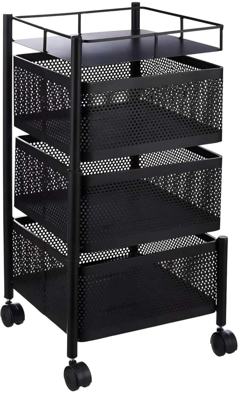 Square 3-Basket Stainless Steel Kitchen Trolley with Ventilated Baskets & 4 Wheels - Image 8