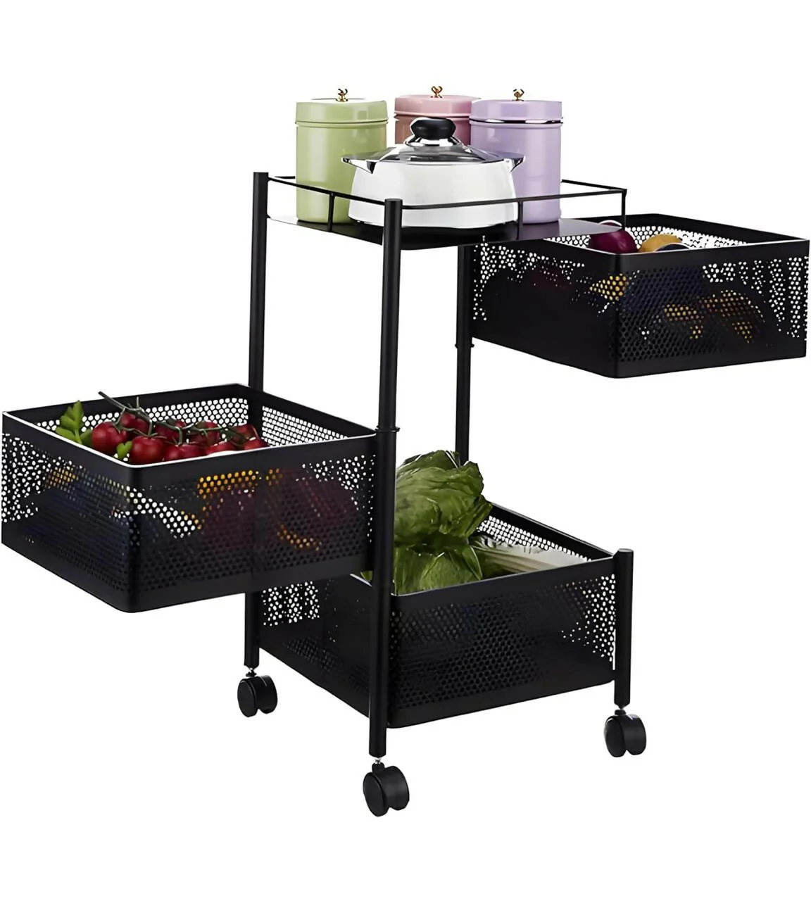 Square 3-Basket Stainless Steel Kitchen Trolley with Ventilated Baskets & 4 Wheels - Image 9