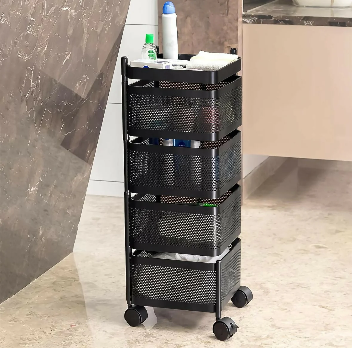 Square 4-Layer Stainless Steel Kitchen Cart with Ventilated Baskets & 360° Wheels - Image 3