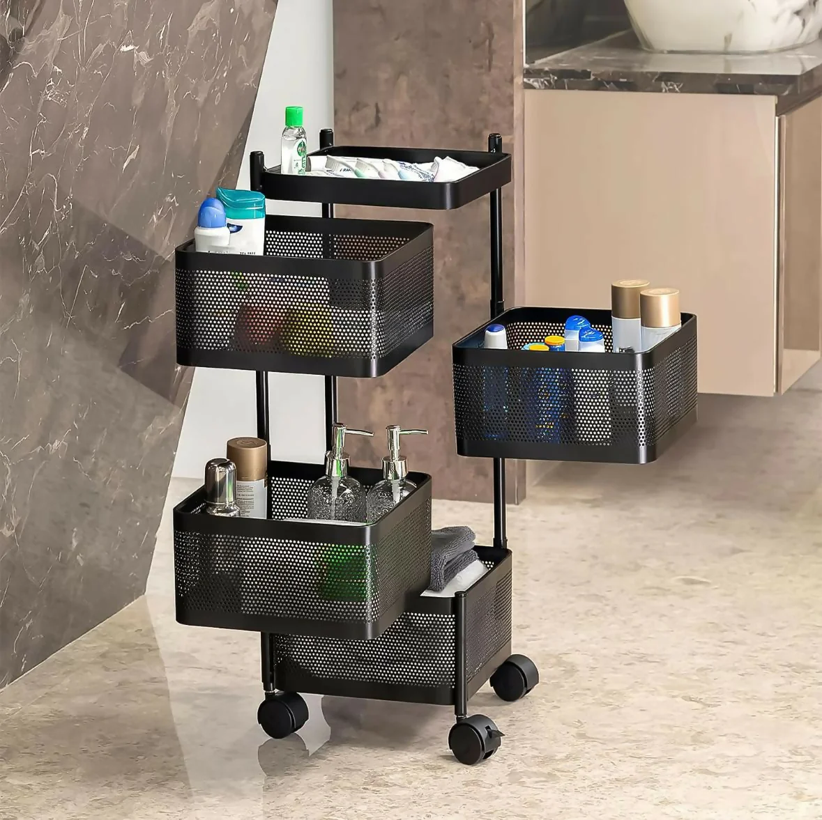 Square 4-Layer Stainless Steel Kitchen Cart with Ventilated Baskets & 360° Wheels - Image 4