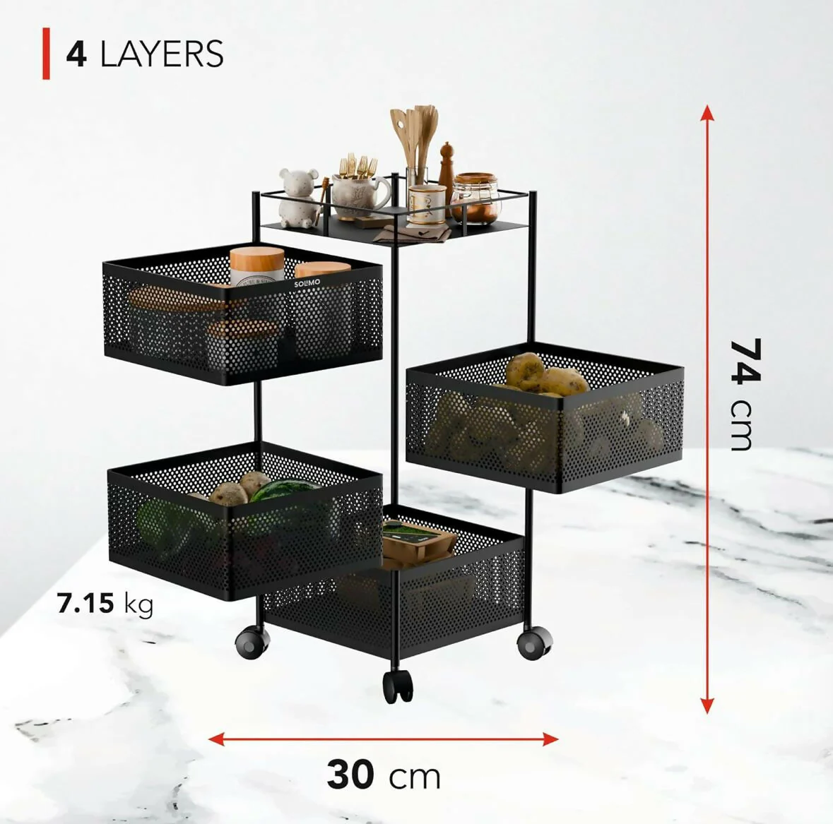Square 4-Layer Stainless Steel Kitchen Cart with Ventilated Baskets & 360° Wheels - Image 5