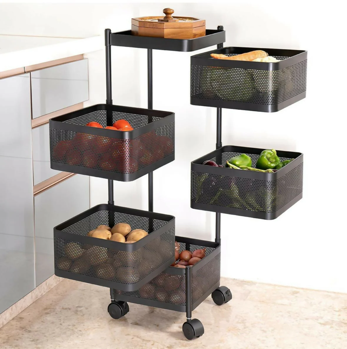 Square 5-Layer Stainless Steel Kitchen Trolley with Four Mesh Baskets & 360° Wheels - Image 2