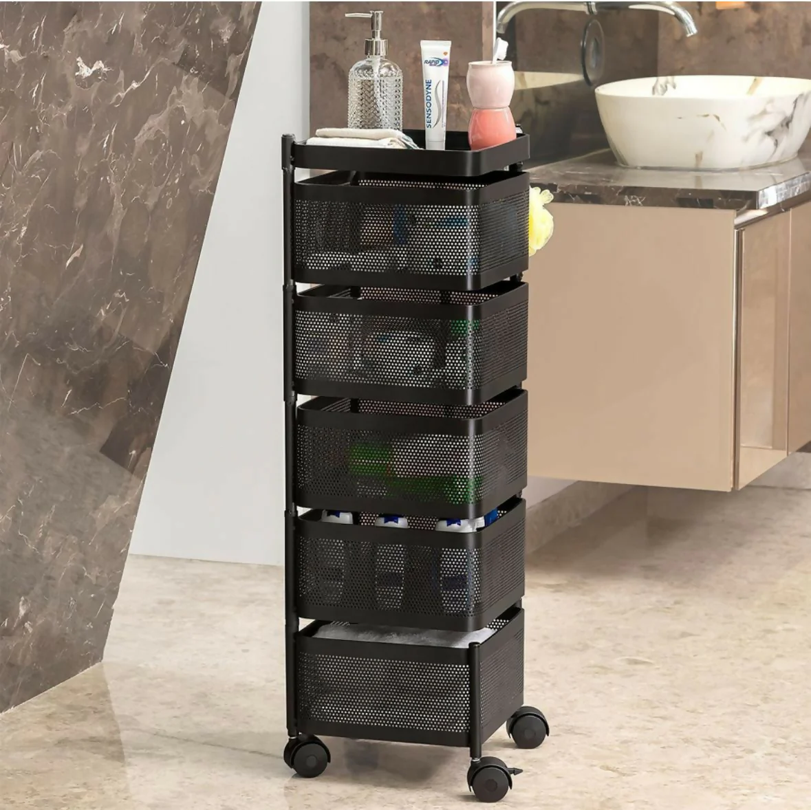 Square 5-Layer Stainless Steel Kitchen Trolley with Four Mesh Baskets & 360° Wheels - Image 3
