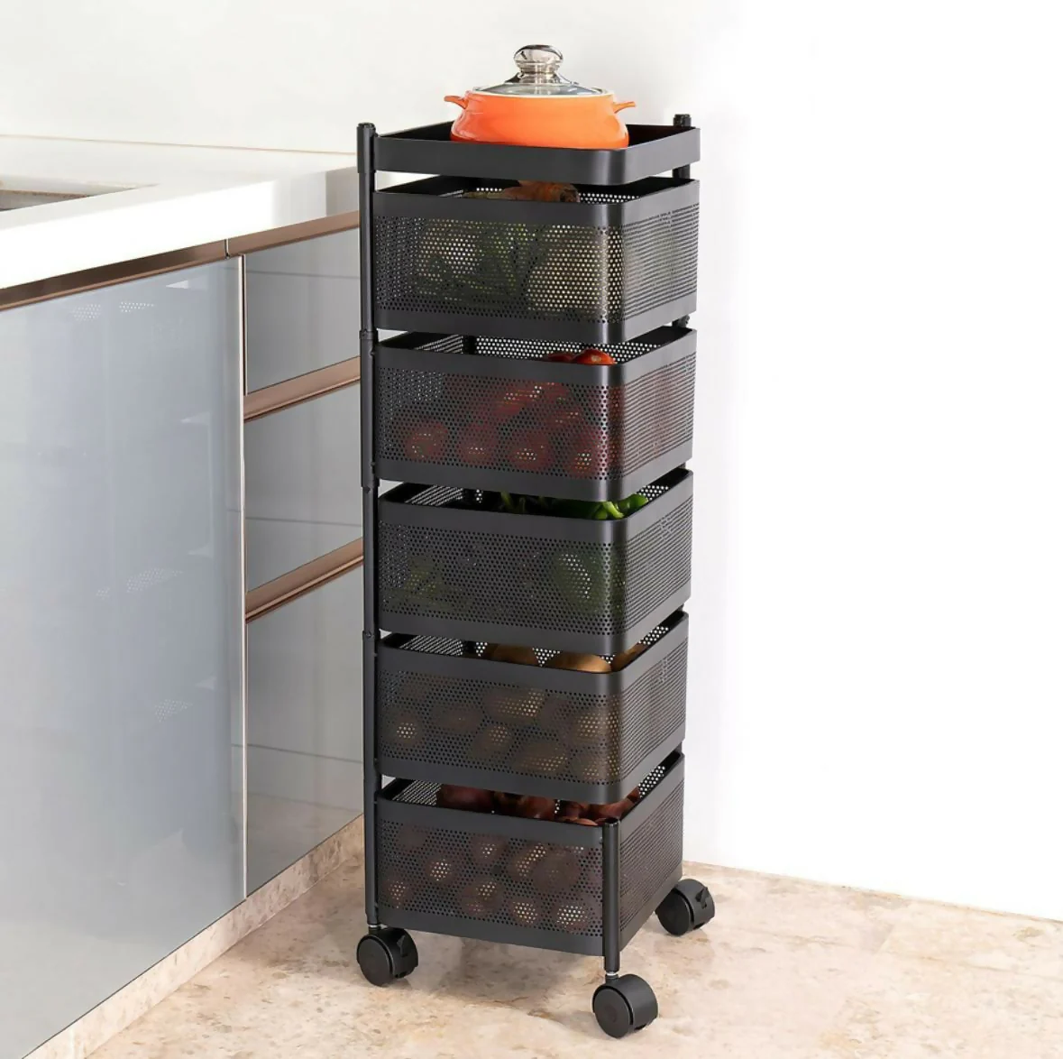 Square 5-Layer Stainless Steel Kitchen Trolley with Four Mesh Baskets & 360° Wheels - Image 4