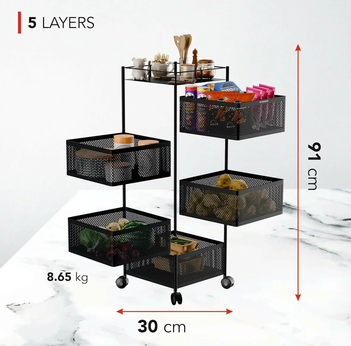 Square 5-Layer Stainless Steel Kitchen Trolley with Four Mesh Baskets & 360° Wheels - Image 5