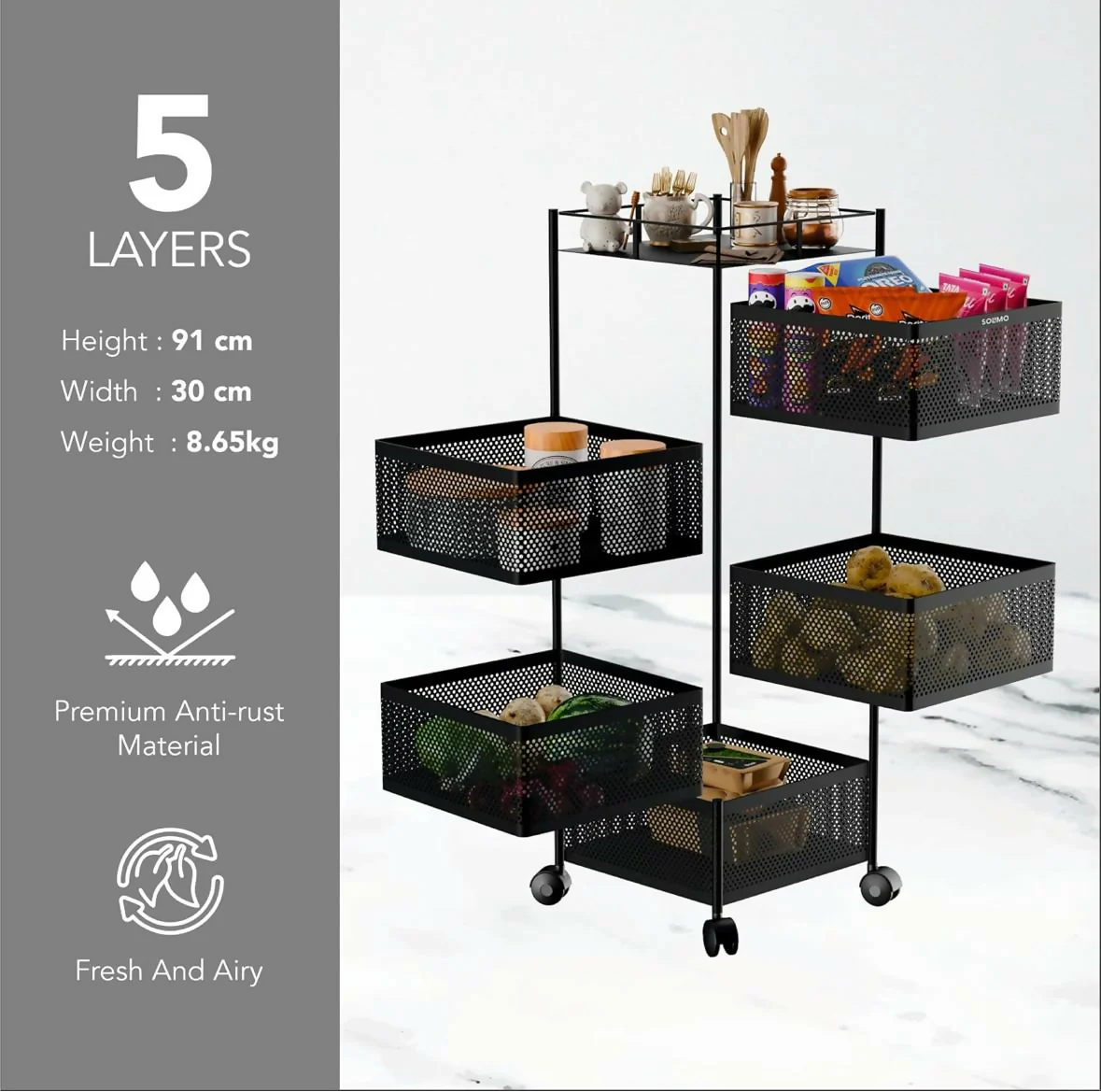 Square 5-Layer Stainless Steel Kitchen Trolley with Four Mesh Baskets & 360° Wheels - Image 6