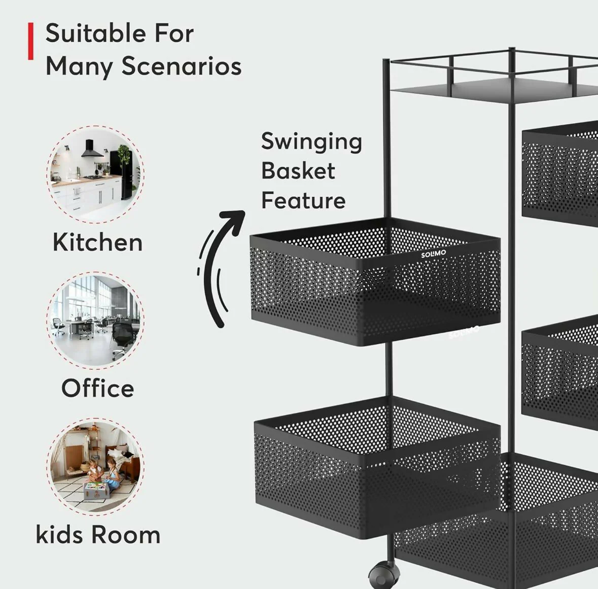 Square 5-Layer Stainless Steel Kitchen Trolley with Four Mesh Baskets & 360° Wheels - Image 7