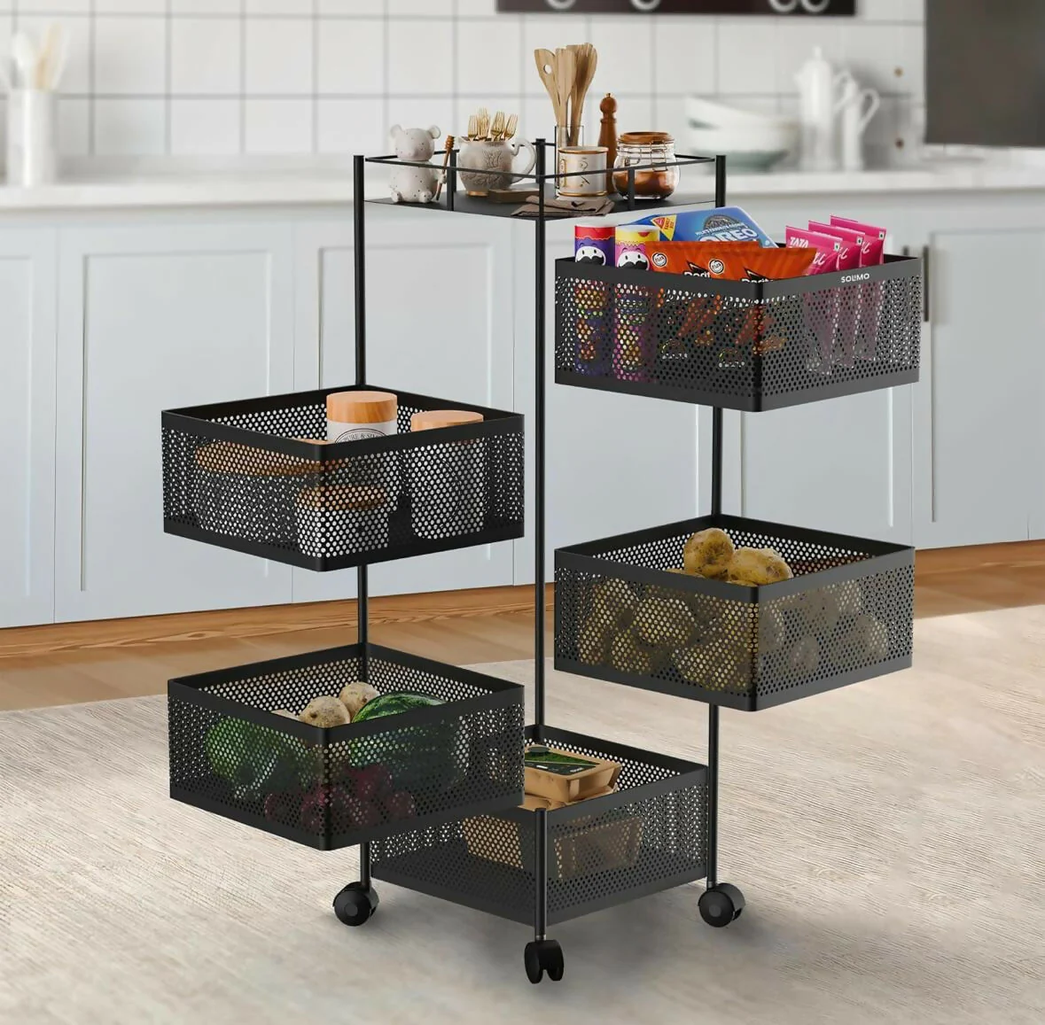 Square 5-Layer Stainless Steel Kitchen Trolley with Four Mesh Baskets & 360° Wheels - Image 8