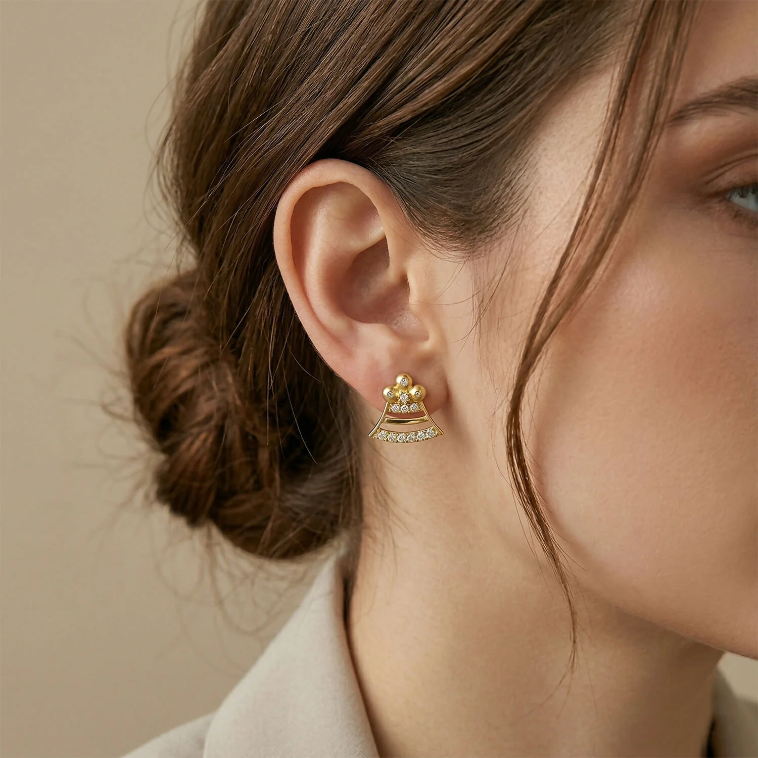 Square Floral Gold Stud Earrings with Crystal Leaf Design - Image 3