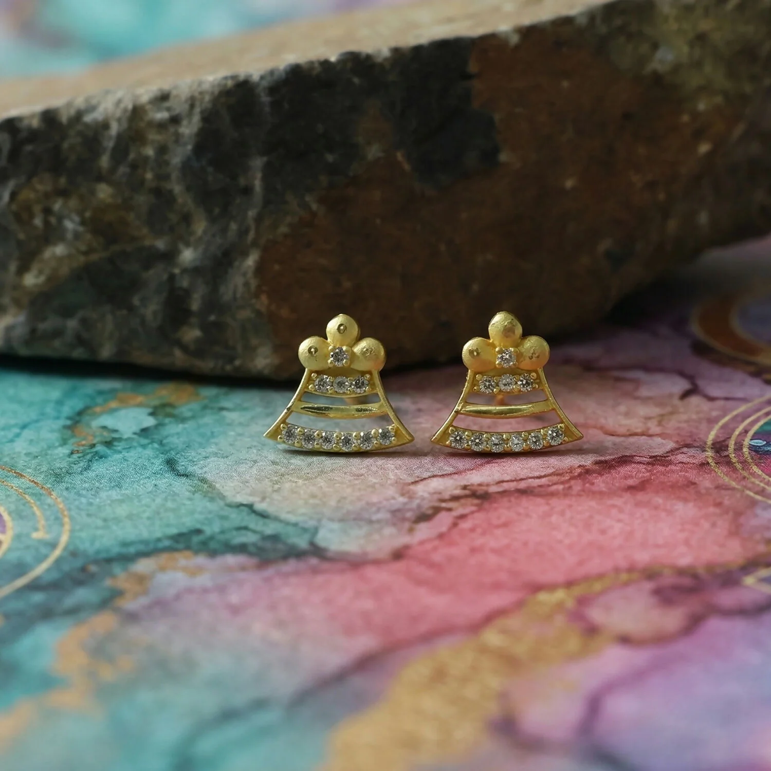 Square Floral Gold Stud Earrings with Crystal Leaf Design - Image 4