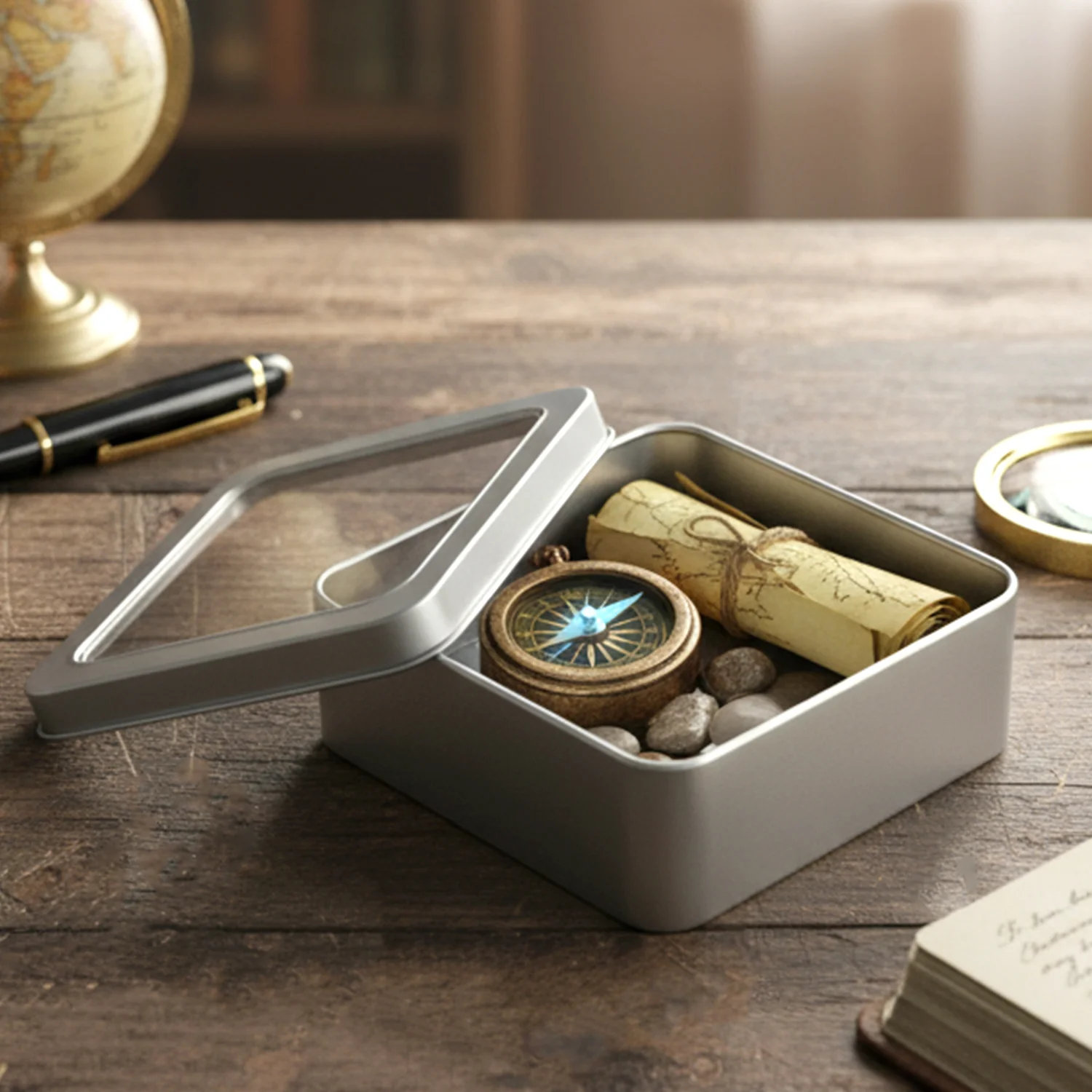 Square Metal Storage Tin Box with Transparent Window Lid (1 Pc, 9.5 x 9.5 Cm) - Image 5
