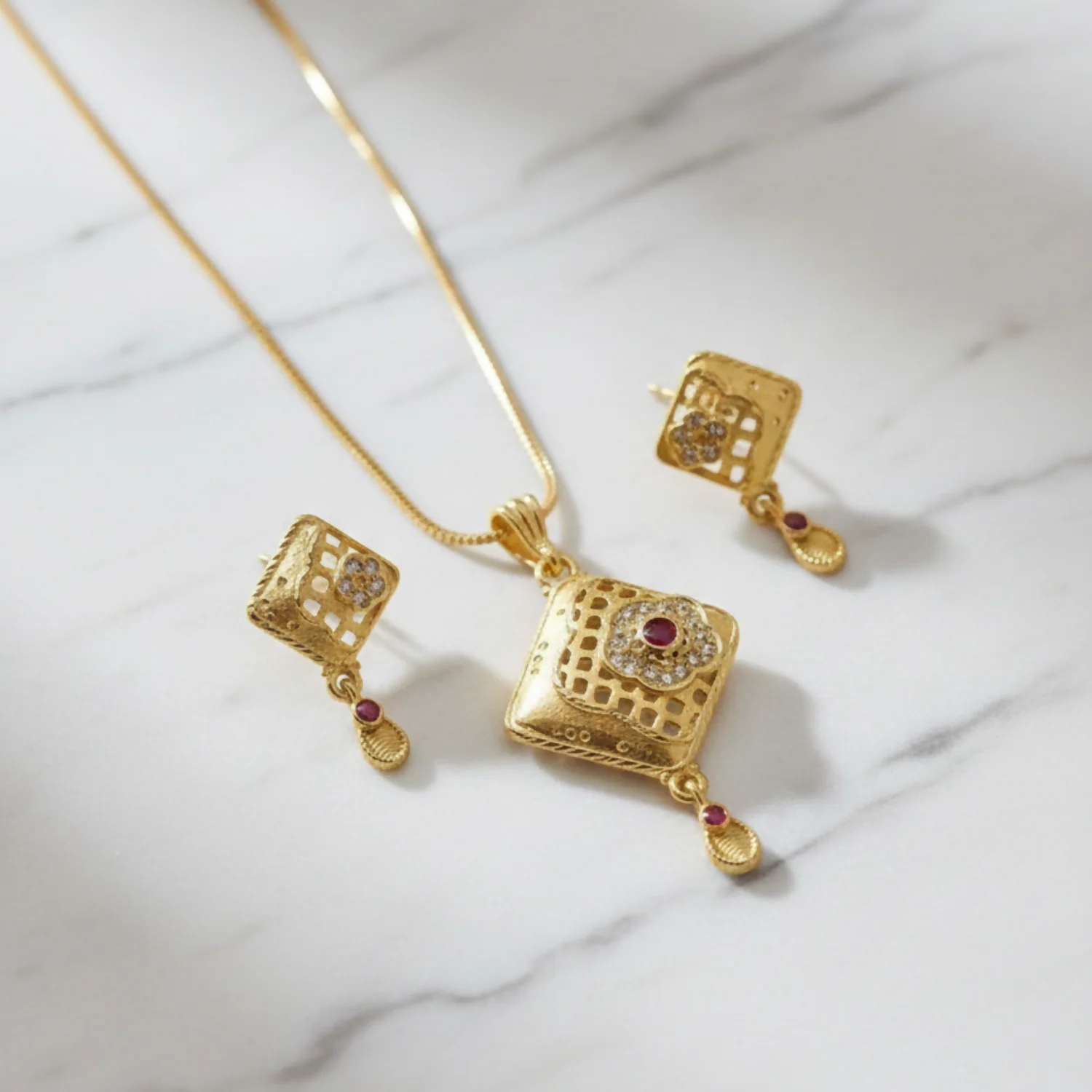 Ruby Square Gold Pendant and Earring Set Elegant Traditional Jewelry Set for Women - Image 10