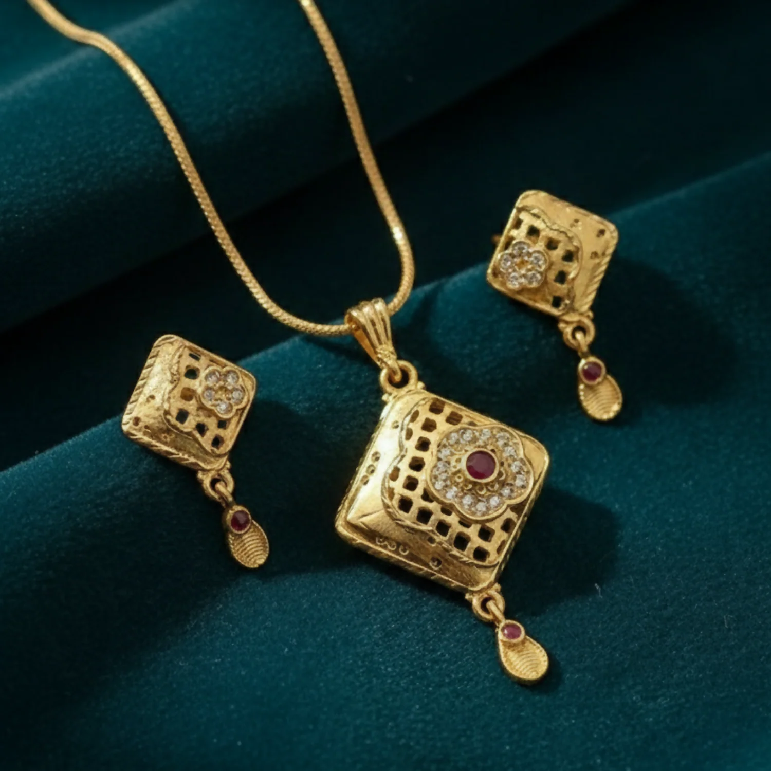 Ruby Square Gold Pendant and Earring Set Elegant Traditional Jewelry Set for Women - Image 2
