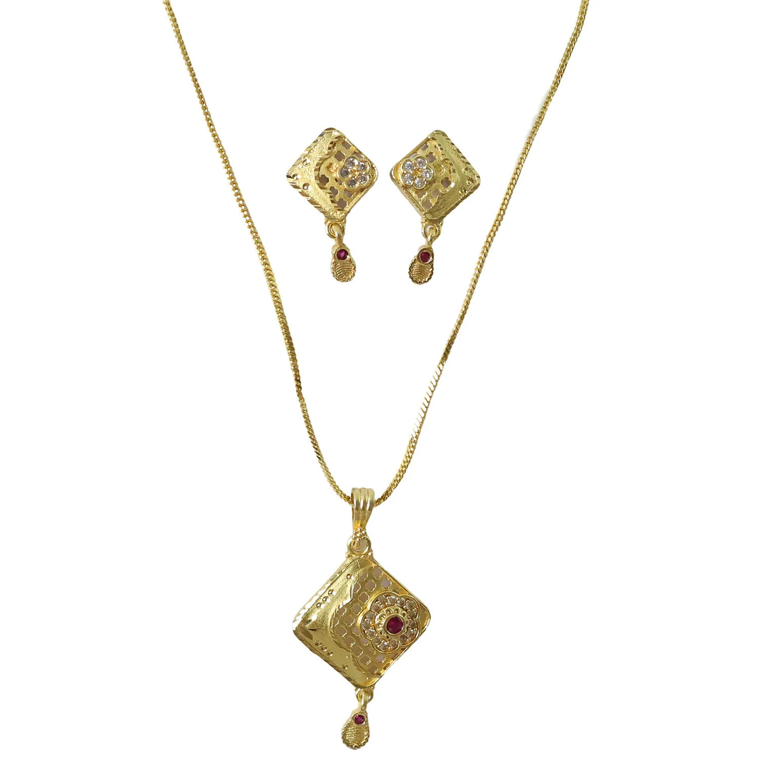 Ruby Square Gold Pendant and Earring Set Elegant Traditional Jewelry Set for Women - Image 5