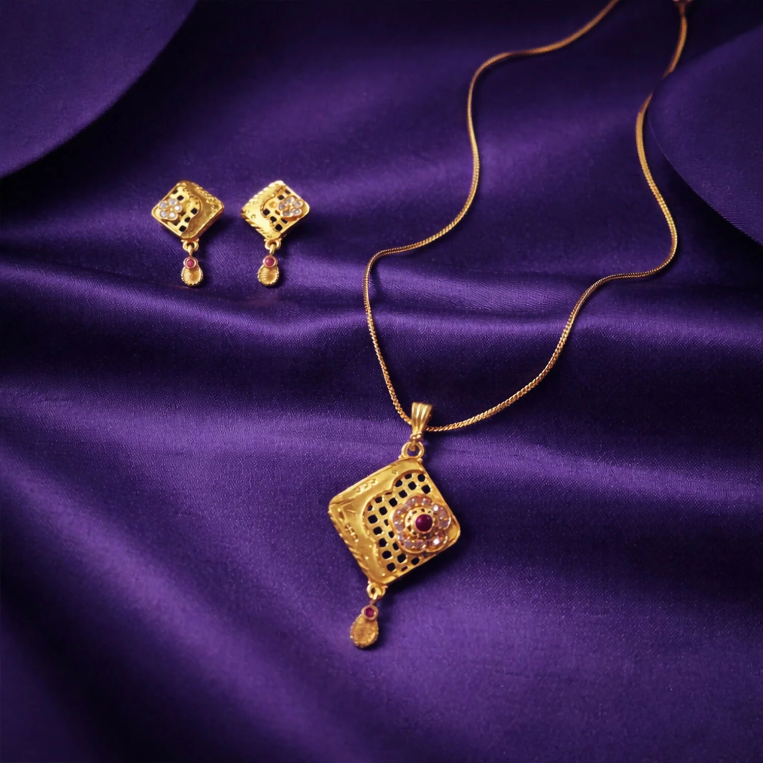 Ruby Square Gold Pendant and Earring Set Elegant Traditional Jewelry Set for Women - Image 8