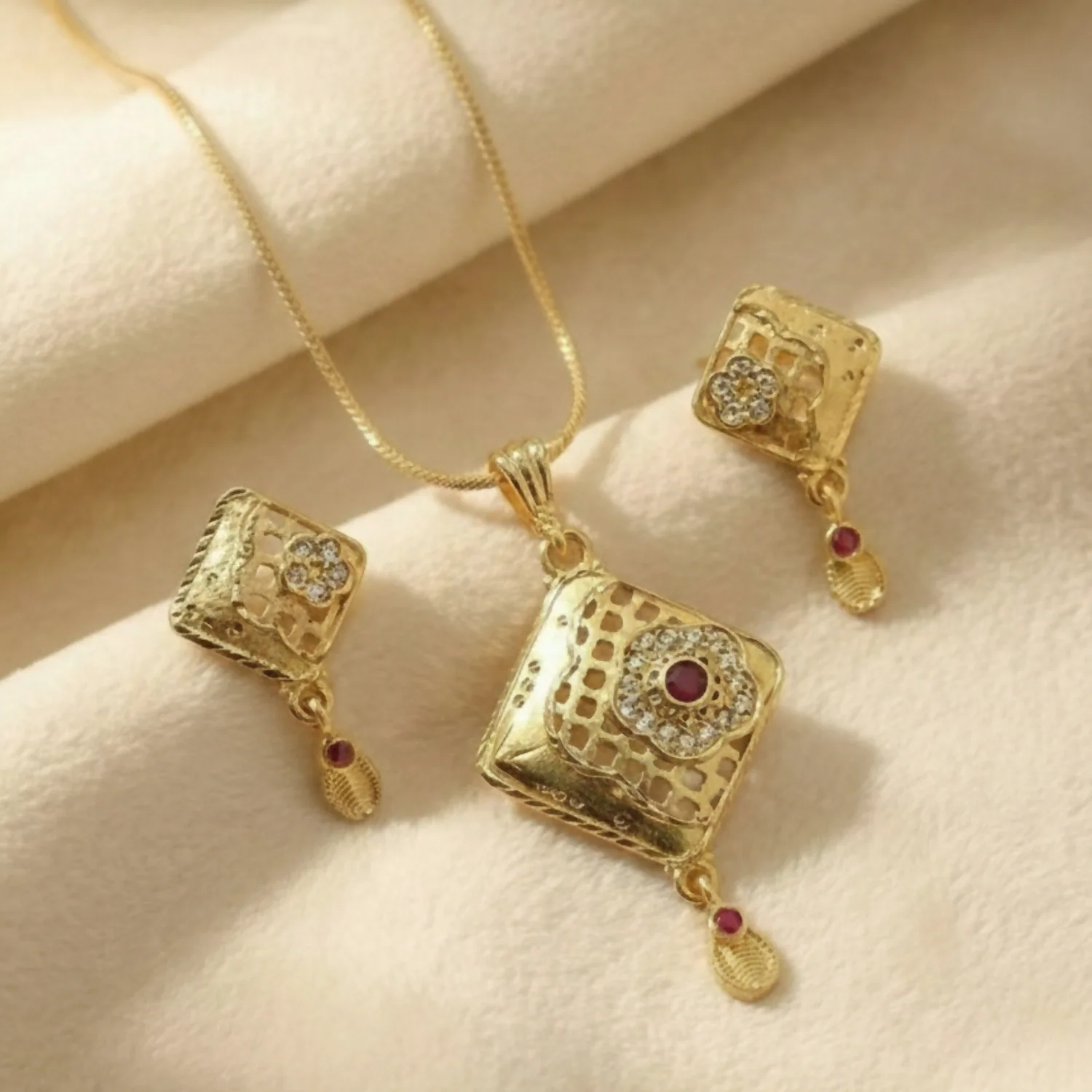 Ruby Square Gold Pendant and Earring Set Elegant Traditional Jewelry Set for Women - Image 9