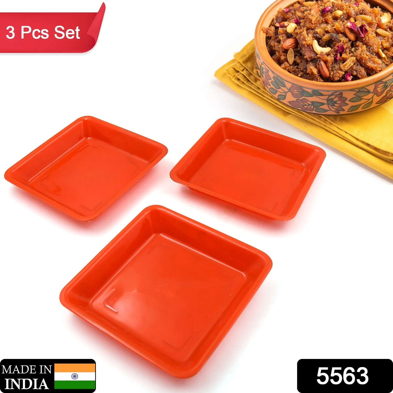 Square Plastic Halwa Dinner Plate Snacks Tray Set for Home Office 3 Pcs - Image 2