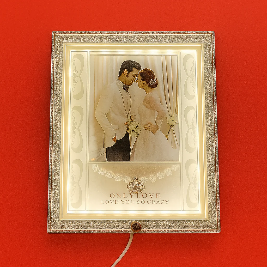 Square White LED Wedding Photo Frame | Elegant Crystal Design with Glowing White Lights | 4x6 Inch Couple Picture Frame | Romantic Gift for Wedding, Anniversary, Valentine’s Day & Home Decoration - Image 2