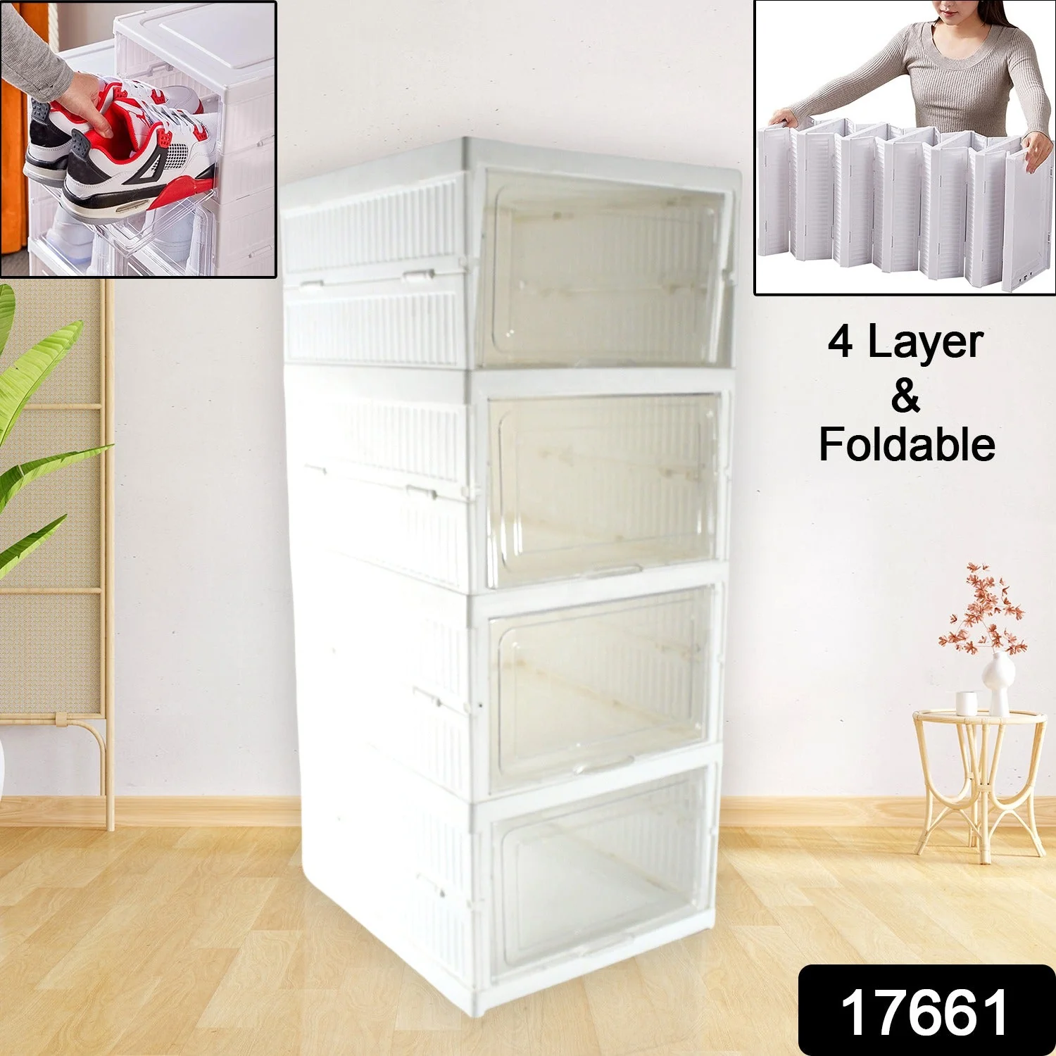 Stackable Multifunctional Storage, for Clothes Foldable Drawer Shelf Basket Utility Cart Rack Storage Organizer Cart for Kitchen, Pantry Closet, Bedroom, Bathroom, Laundry (4 Layer /  1 Pc) - Image 2