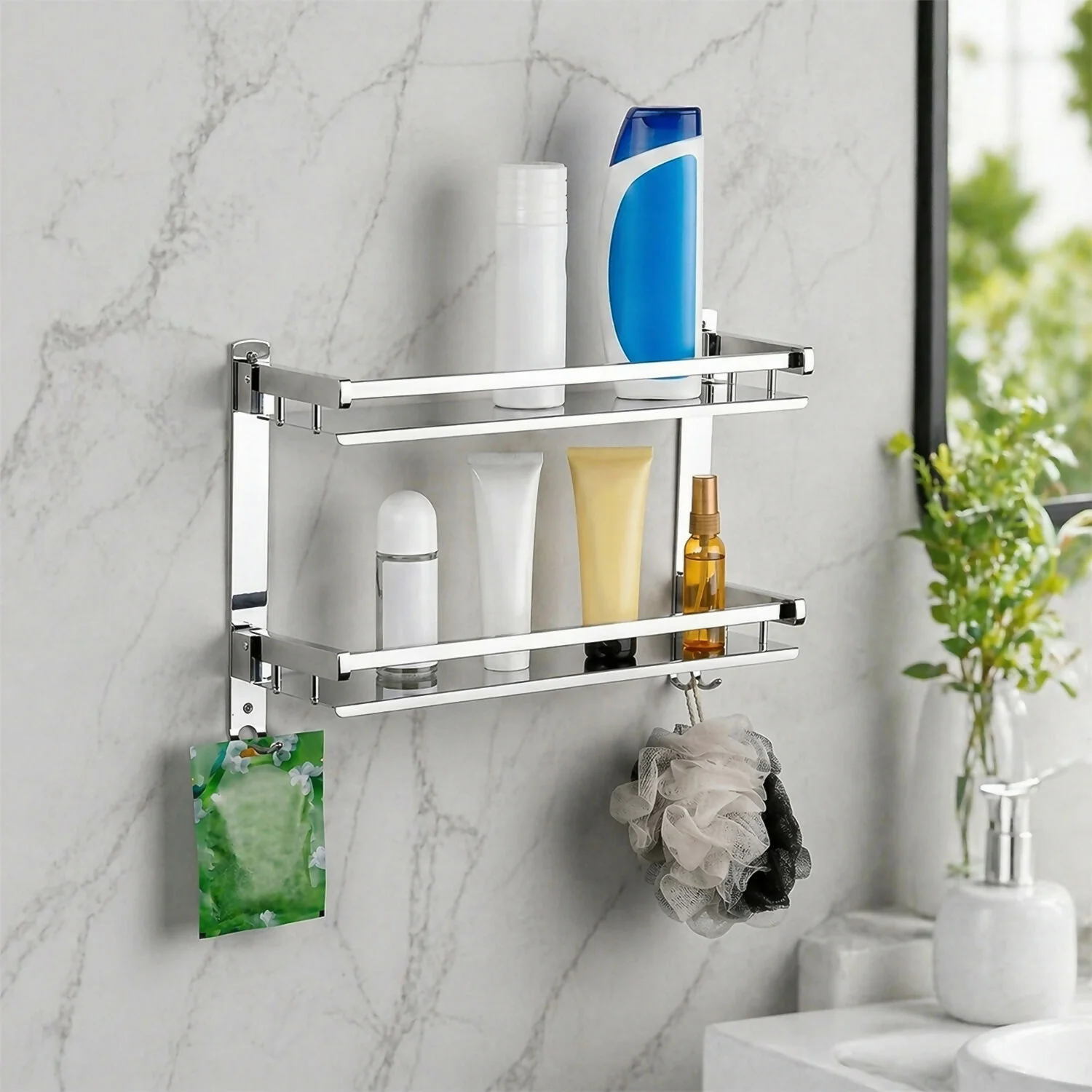 Stainless Steel 2 Layer Wall Mounted Bathroom Rack and Shelf Bathroom Storage Racks - Image 3