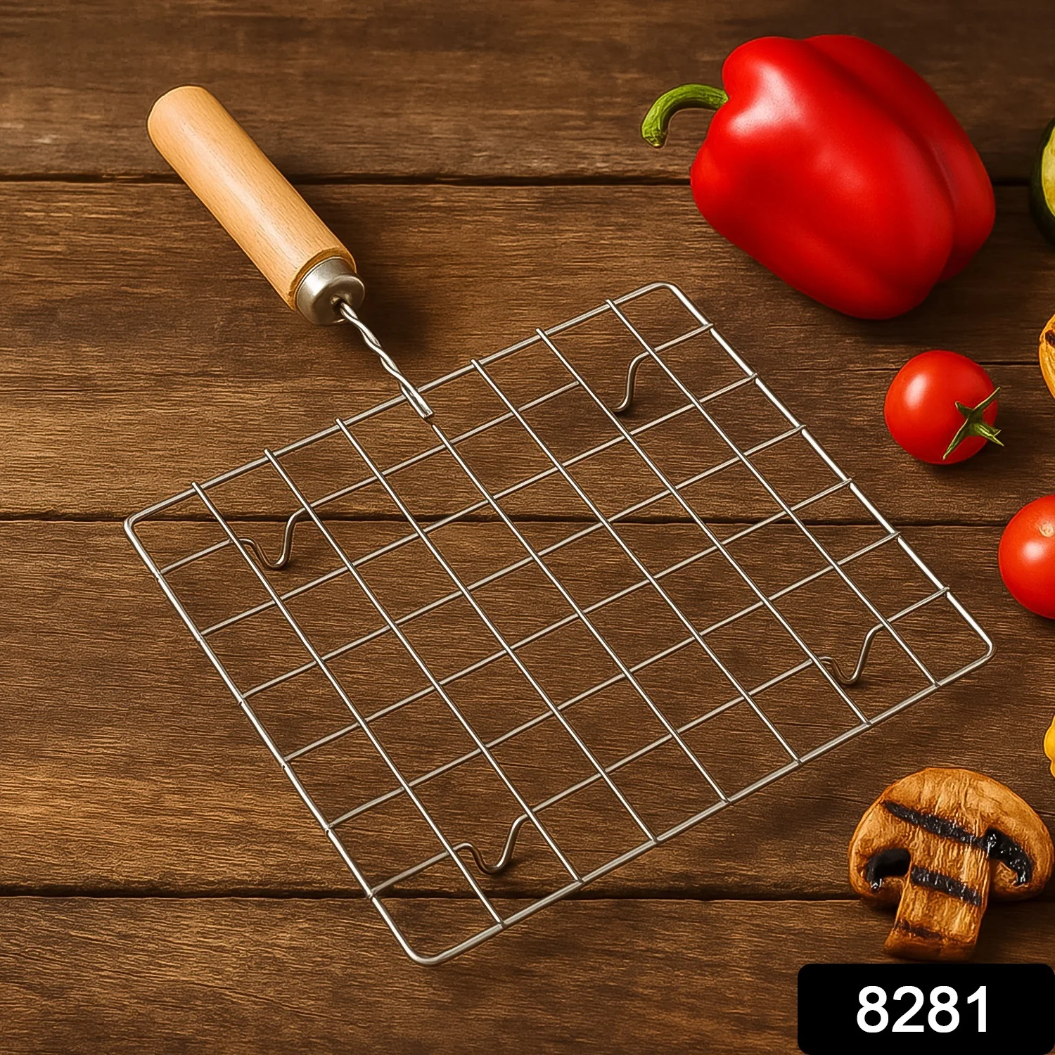 Stainless Steel Square Papad jali, Barbecue Grill Rack with Wooden Handle (1 Pc) - Image 2