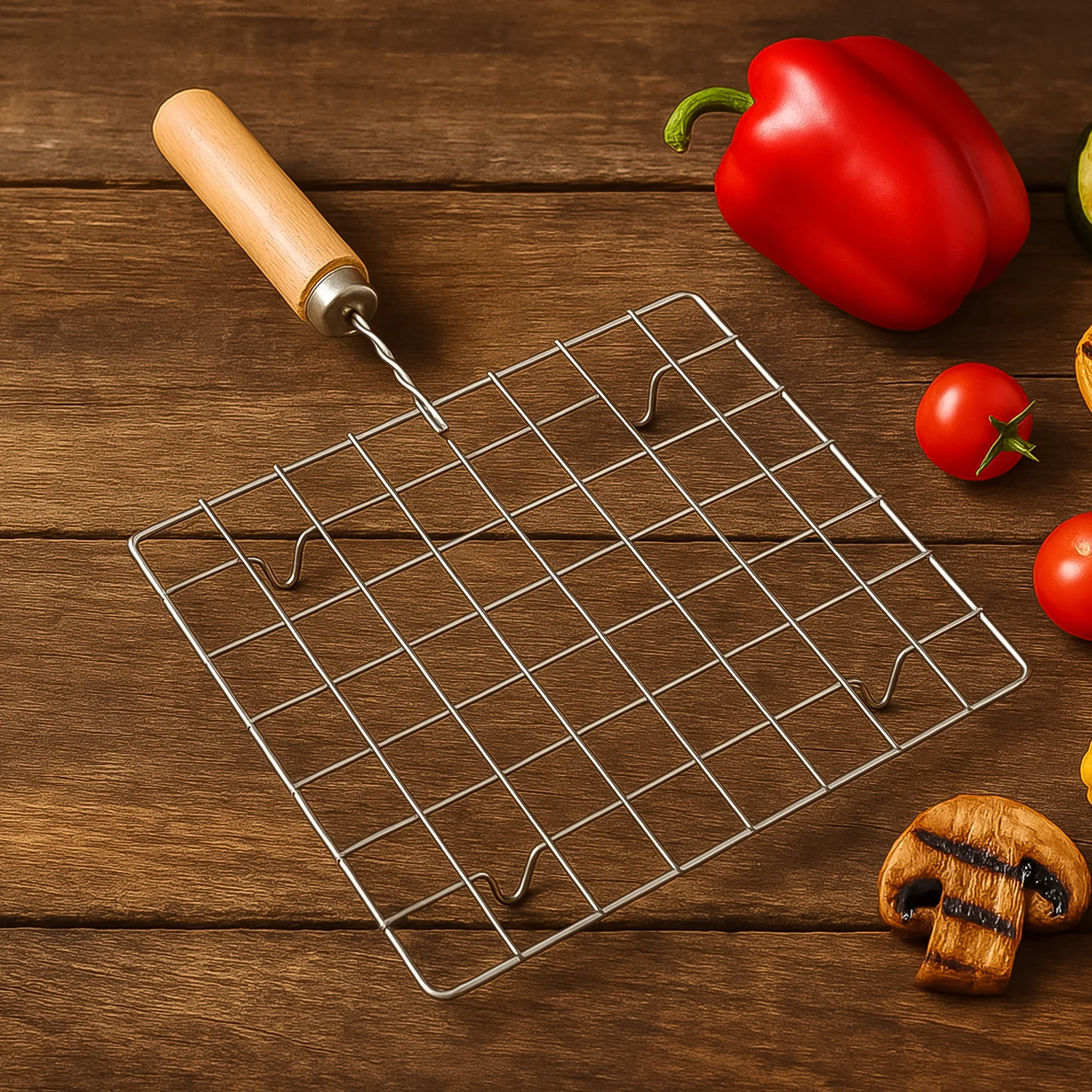 Stainless Steel Square Papad jali, Barbecue Grill Rack with Wooden Handle (1 Pc) - Image 3