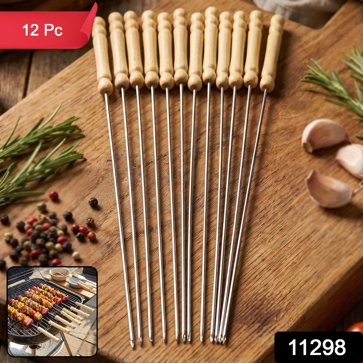 Stainless Steel BBQ Skewers with Wooden Handle (12 Pc) - Image 2