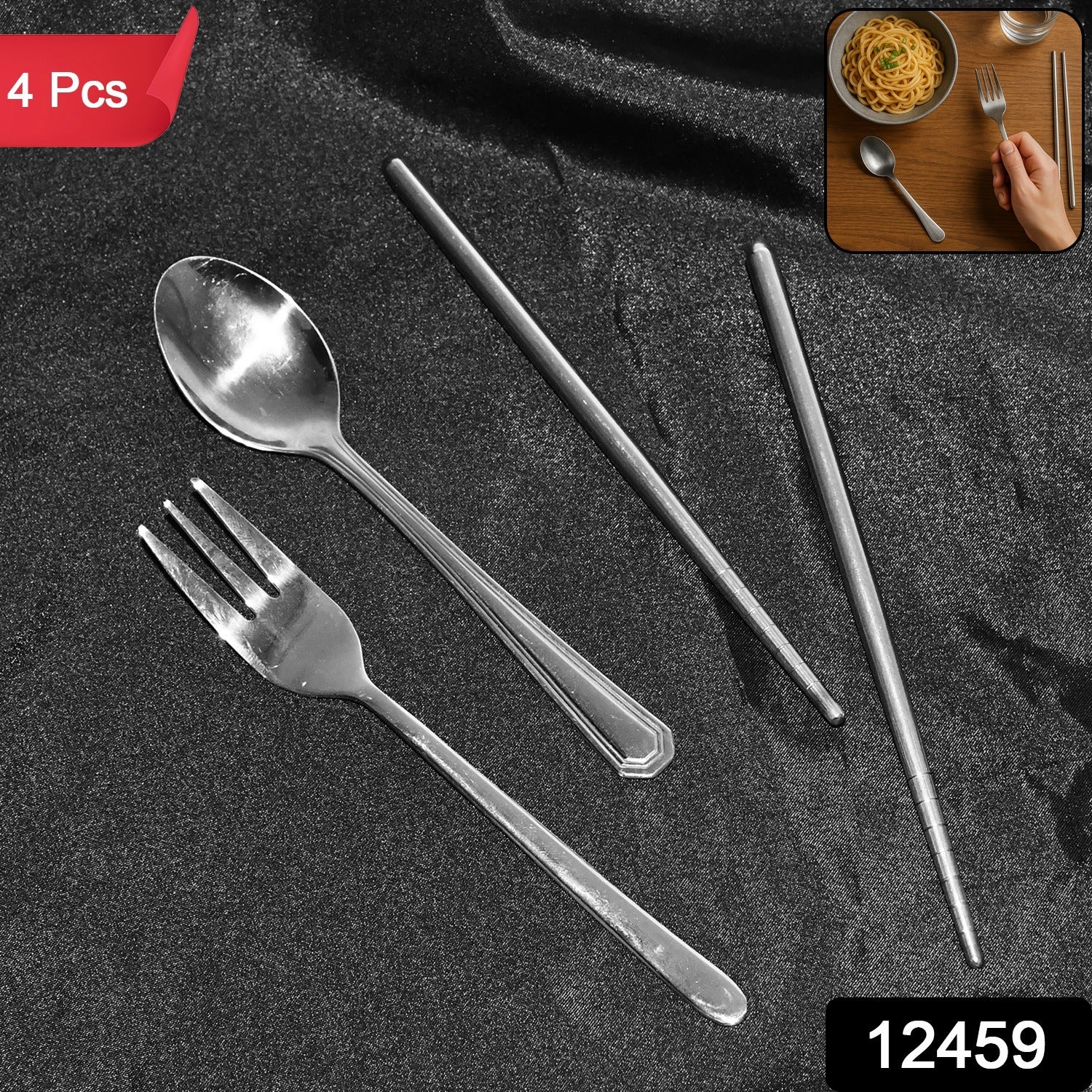 Stainless Steel Cutlery Spoon, Fork & Pair of Chopstick Set - Image 2