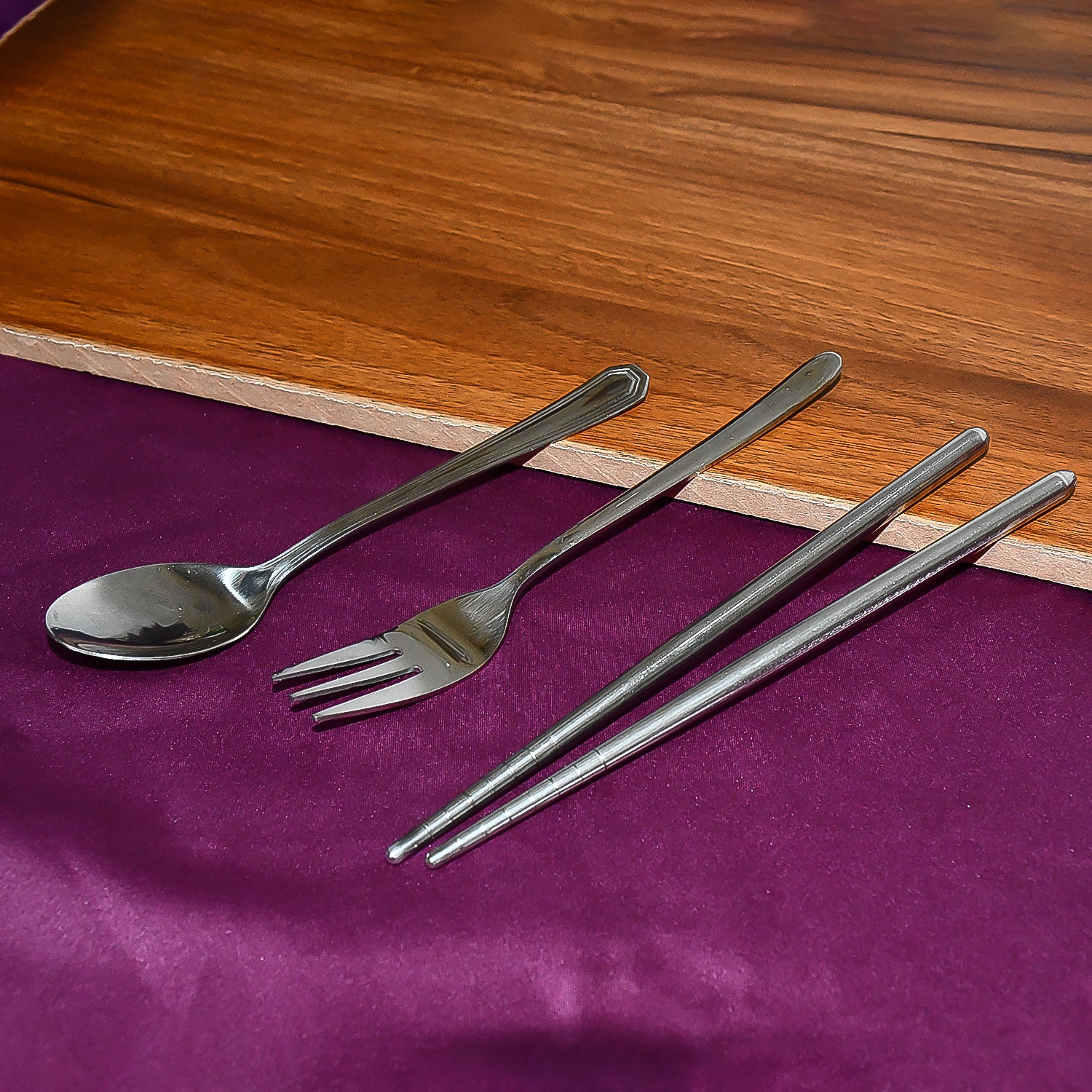 Stainless Steel Cutlery Spoon, Fork & Pair of Chopstick Set - Image 4
