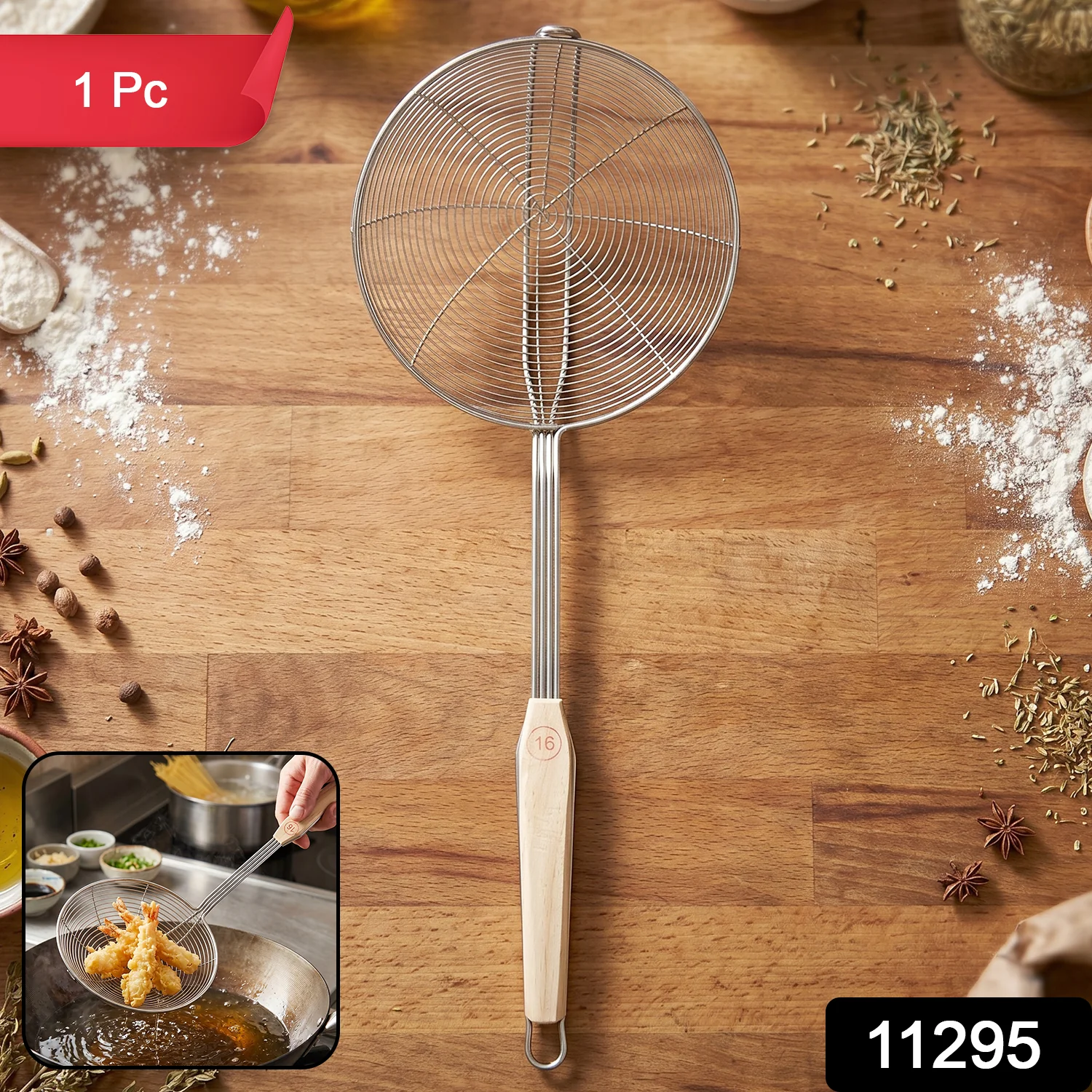 Stainless Steel Frying Skimmer Strainer with Wooden Handle (1 Pc, 45 Cm) - Image 2