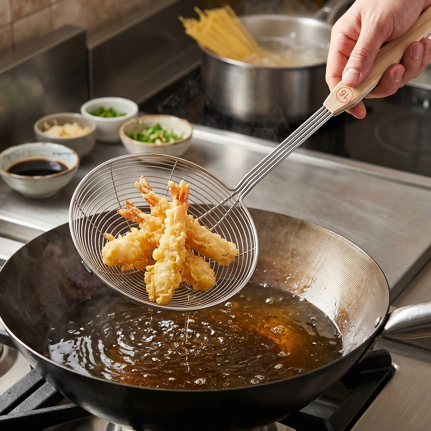 Stainless Steel Frying Skimmer Strainer with Wooden Handle (1 Pc, 45 Cm) - Image 5