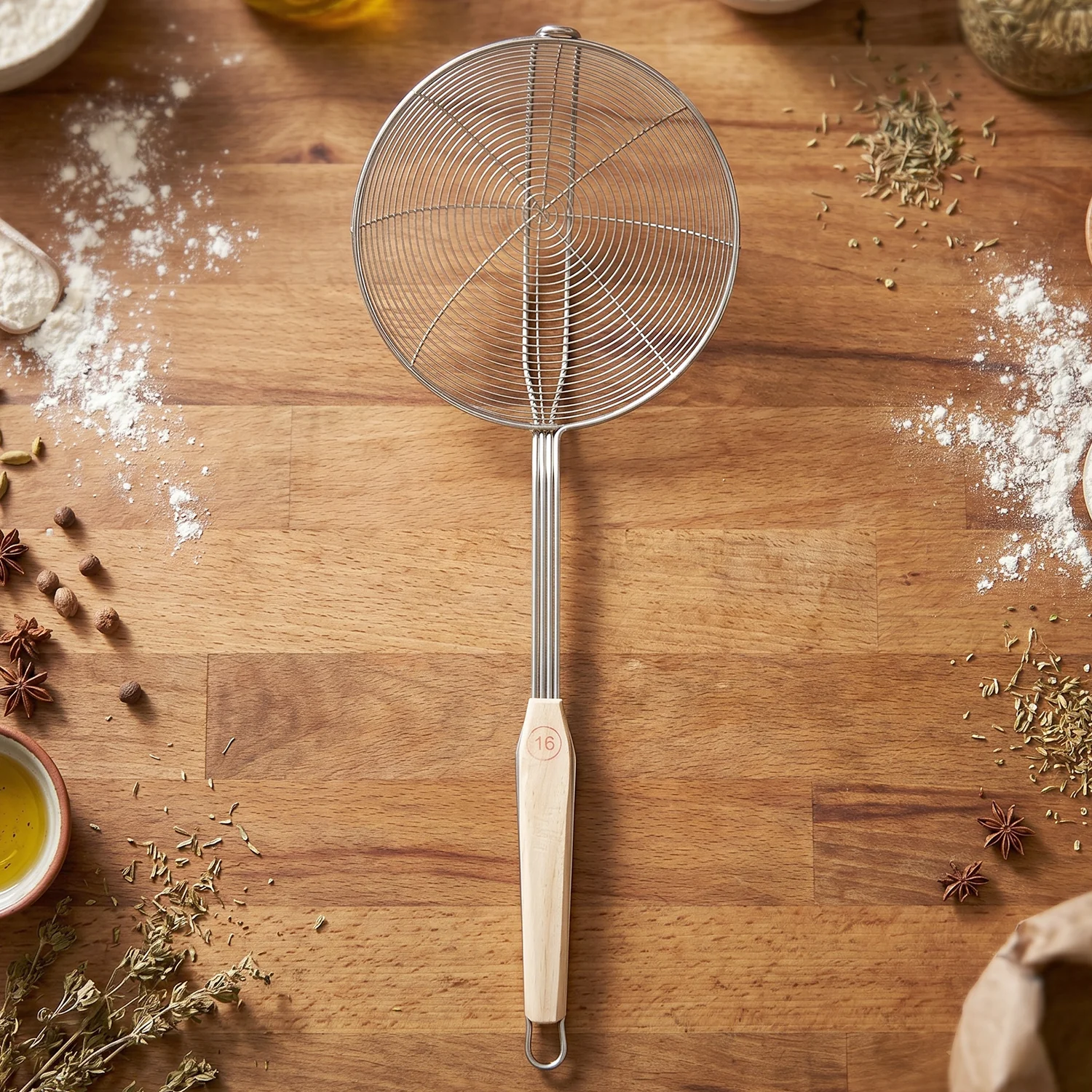 Stainless Steel Frying Skimmer Strainer with Wooden Handle (1 Pc, 45 Cm) - Image 7