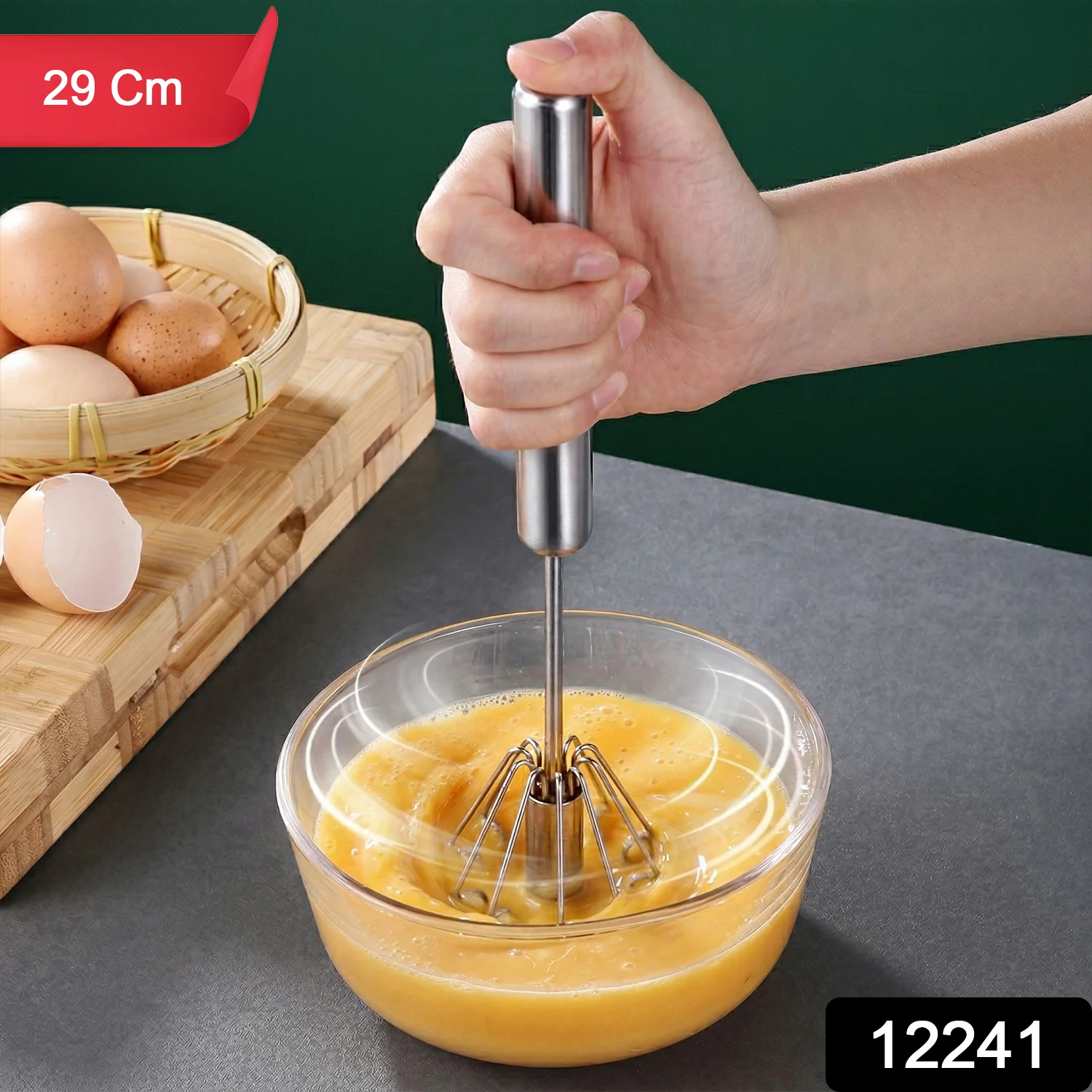 Stainless Steel Hand Push Rotary Whisk (1 Pc, 29 Cm) - Image 2