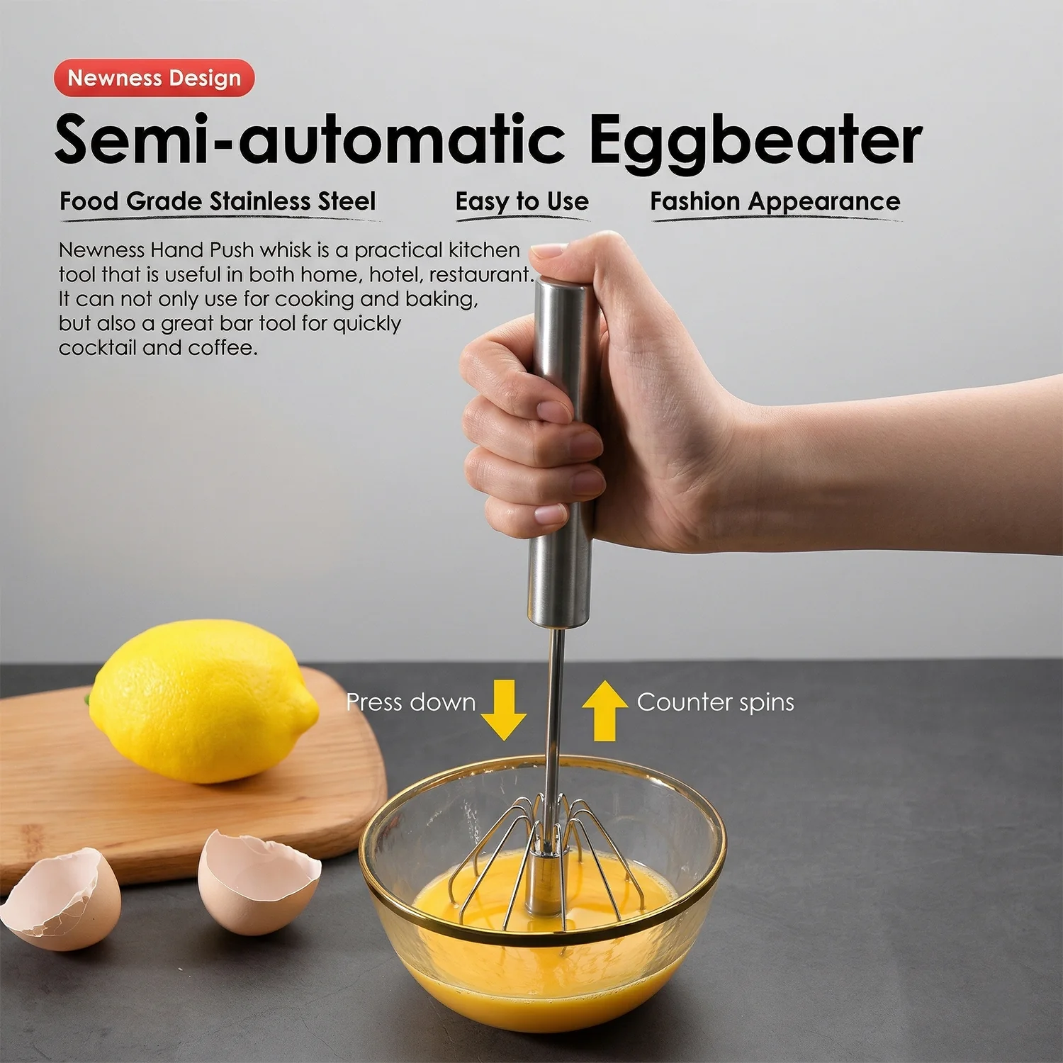 Stainless Steel Hand Push Rotary Whisk (1 Pc, 29 Cm) - Image 5