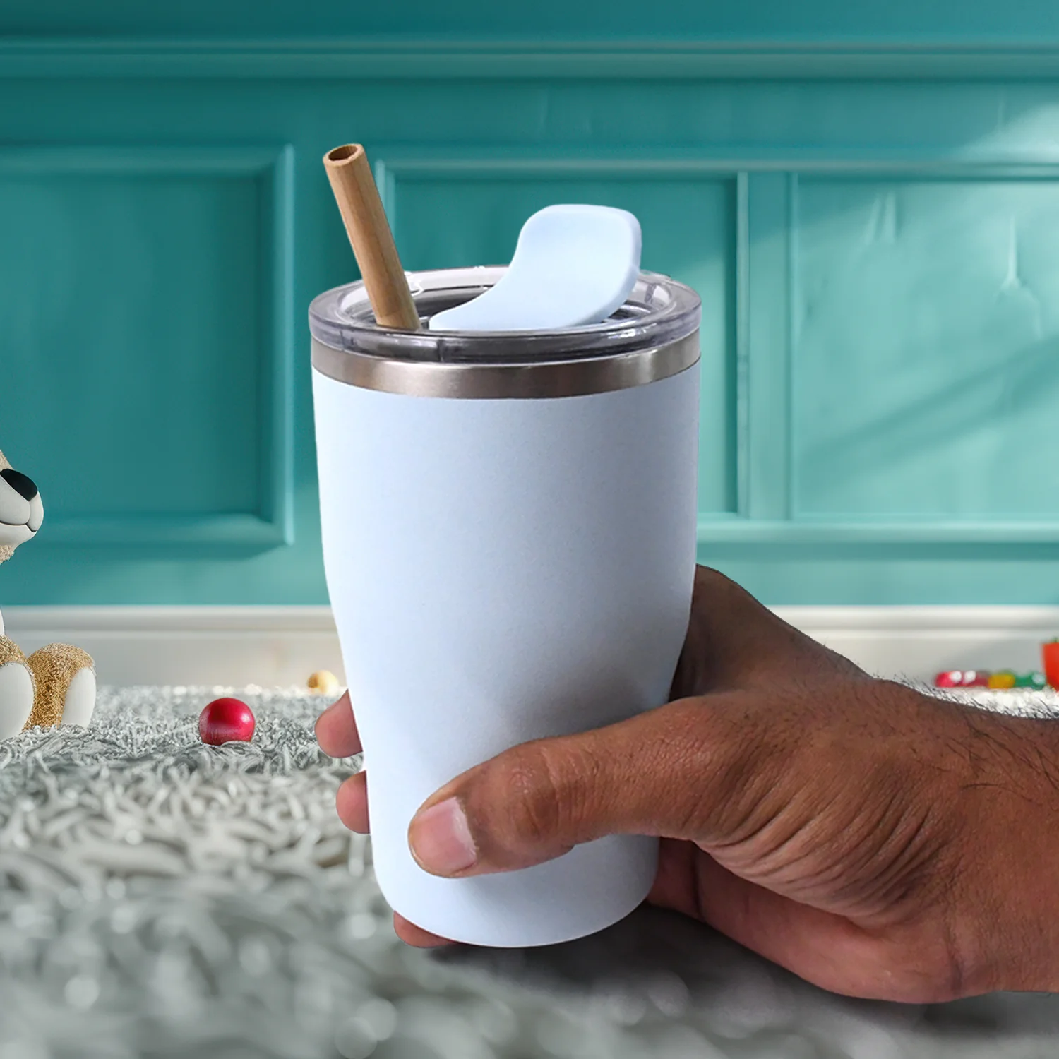 Stainless Steel Insulated Coffee Mug With Wooden Straw, Tumbler (350ml Approx) - Image 3