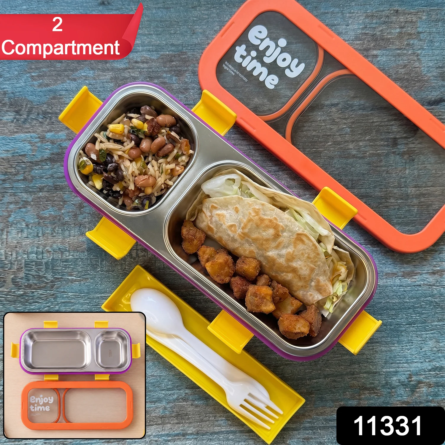 Stainless Steel Leak-Proof Lunch Box with 2 Compartments With Spoon & fork - Image 2