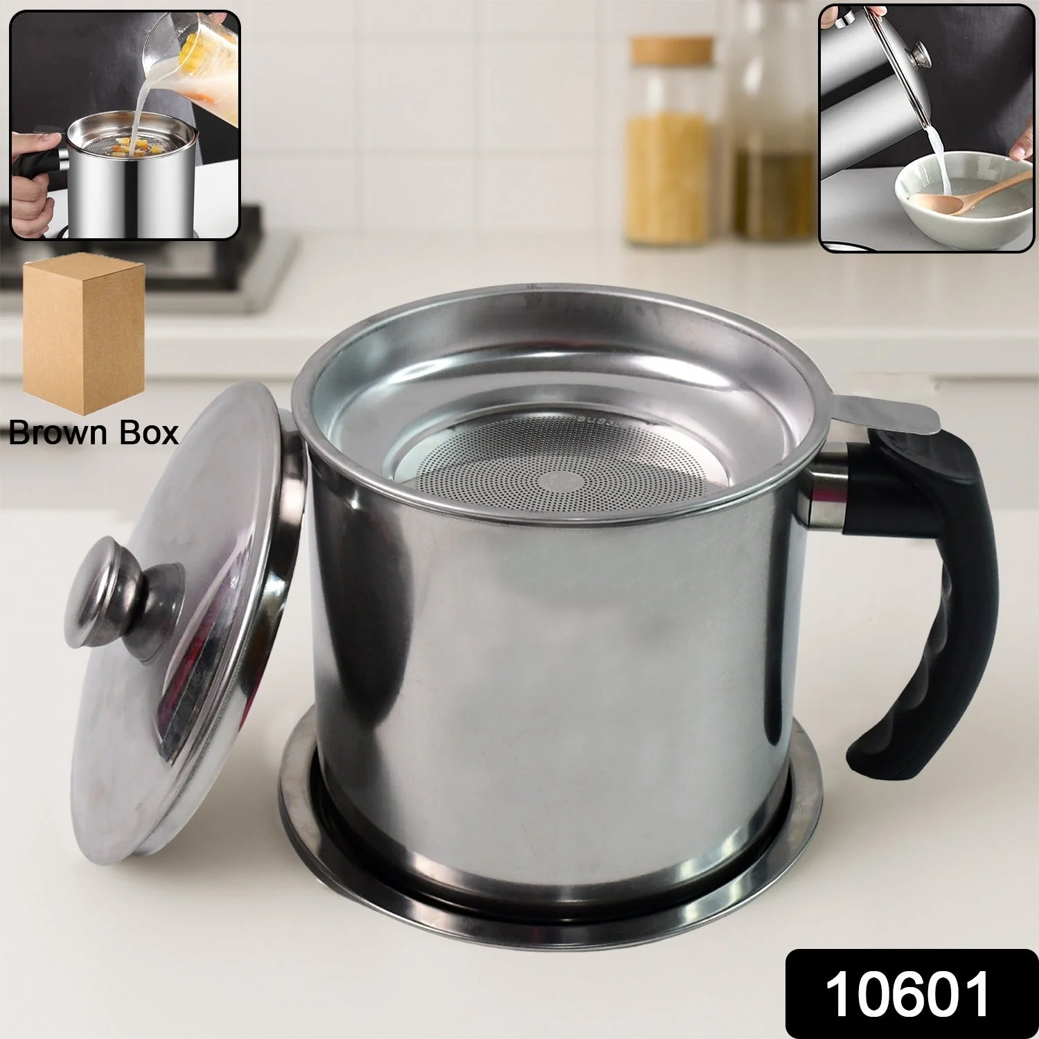 Stainless Steel Oil Strainer Pot with Lid and Filter Mesh (1 Set) - Image 2