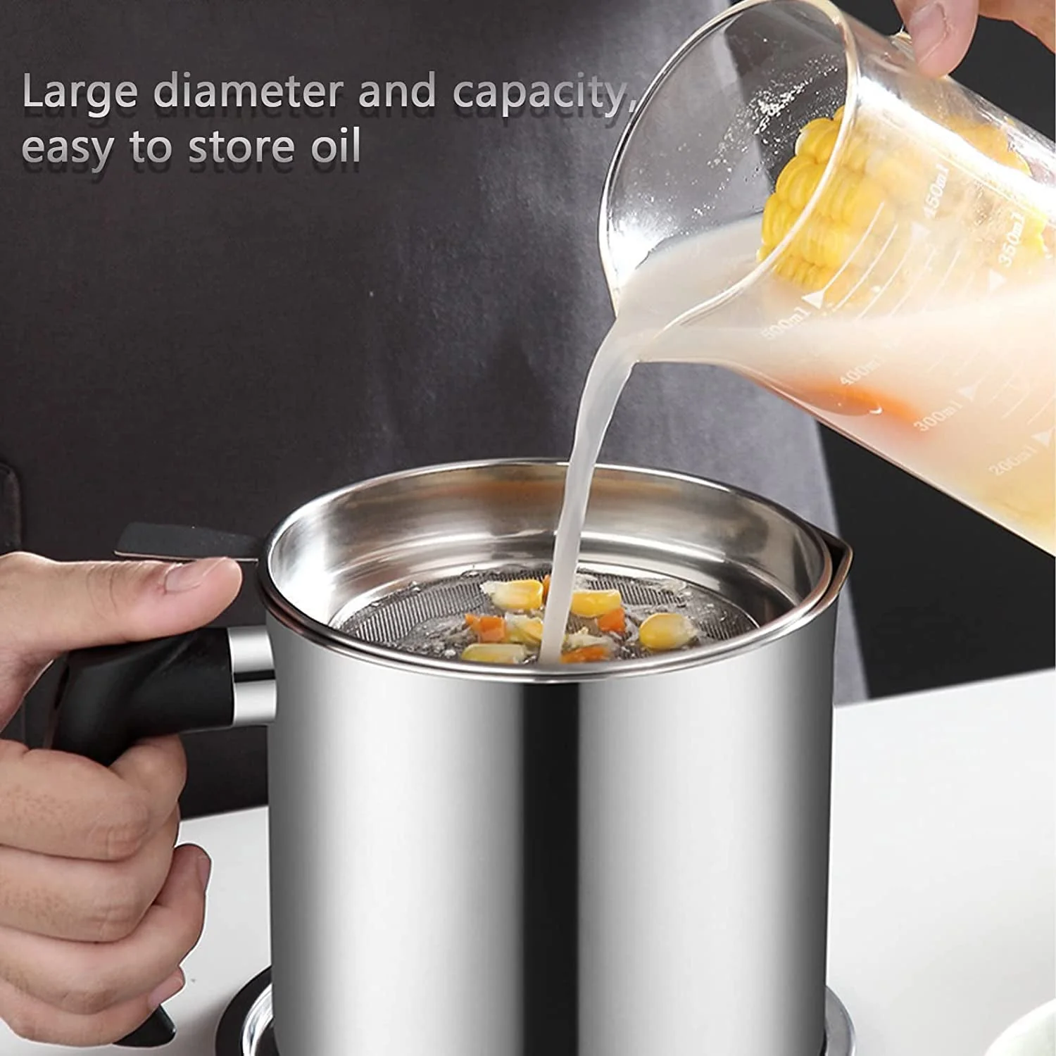 Stainless Steel Oil Strainer Pot with Lid and Filter Mesh (1 Set) - Image 4