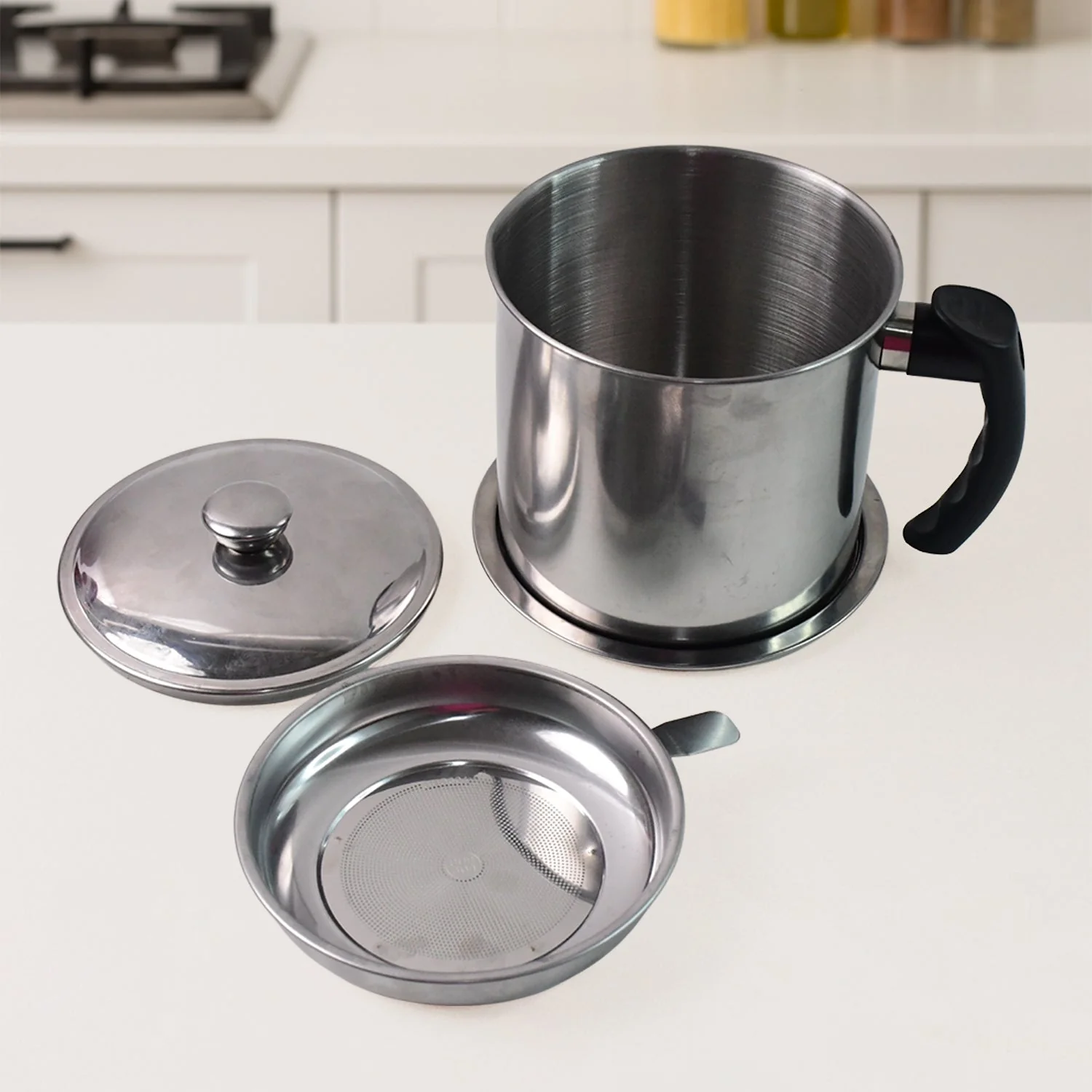 Stainless Steel Oil Strainer Pot with Lid and Filter Mesh (1 Set) - Image 7