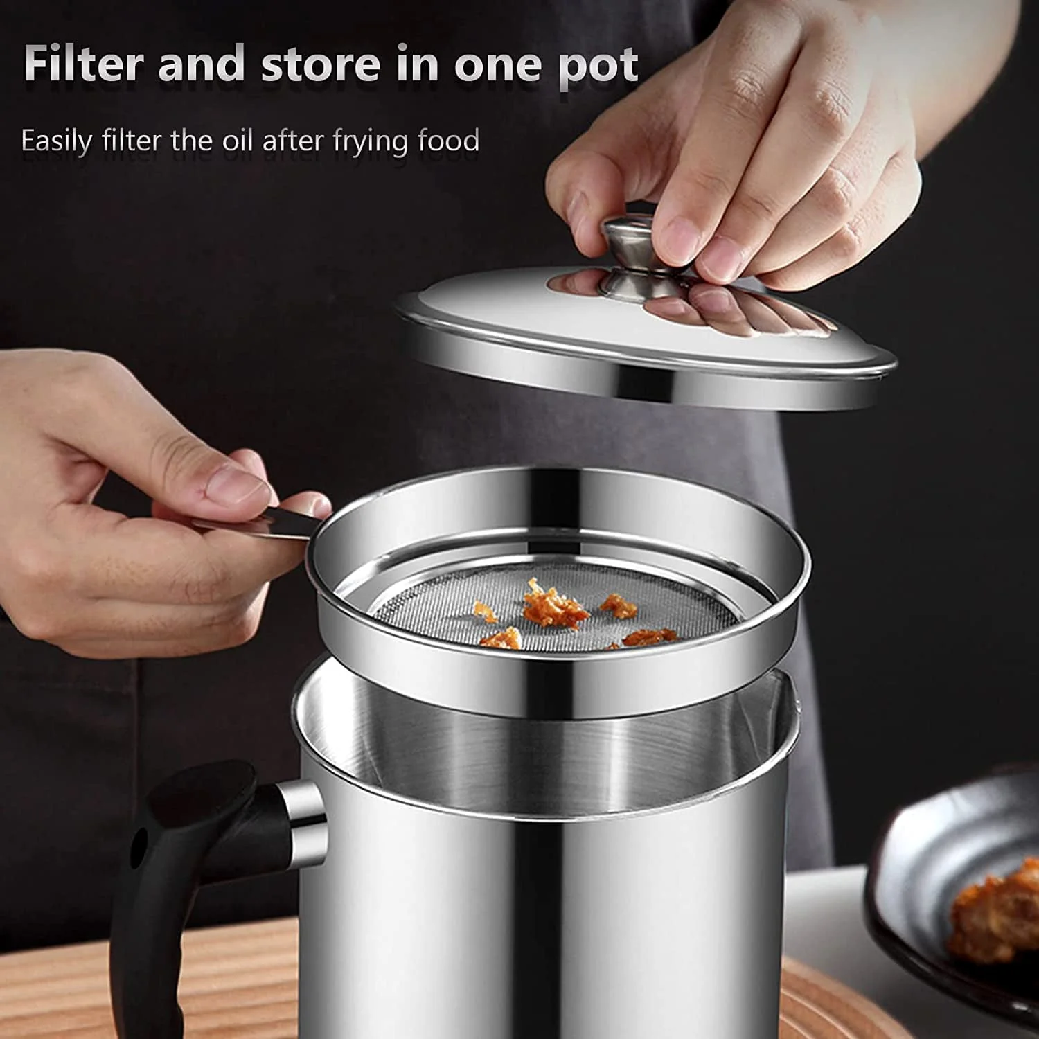 Stainless Steel Oil Strainer Pot with Lid and Filter Mesh (1 Set) - Image 9