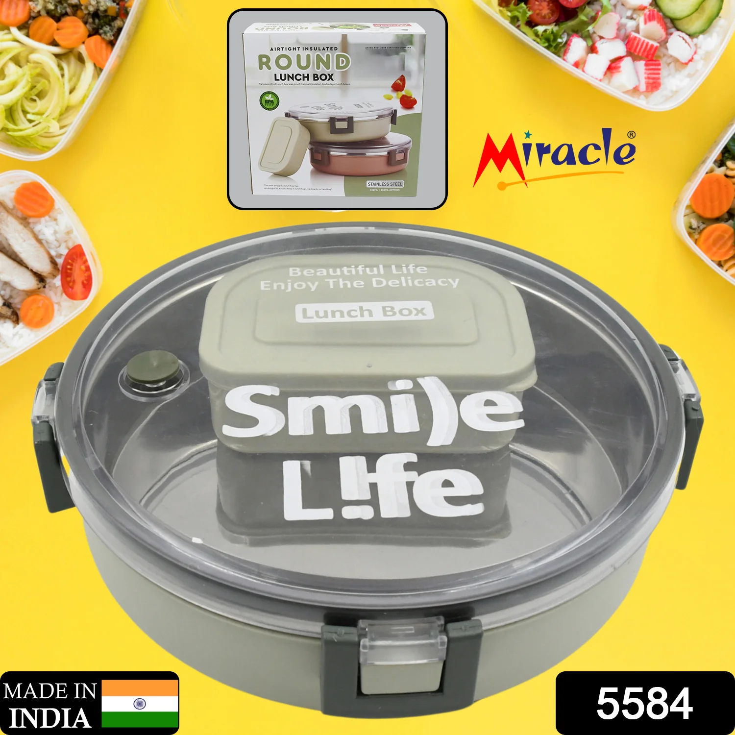 Miracle Stainless Steel Round Lunch Box (450 ML + 250 ML Approx) - Image 2